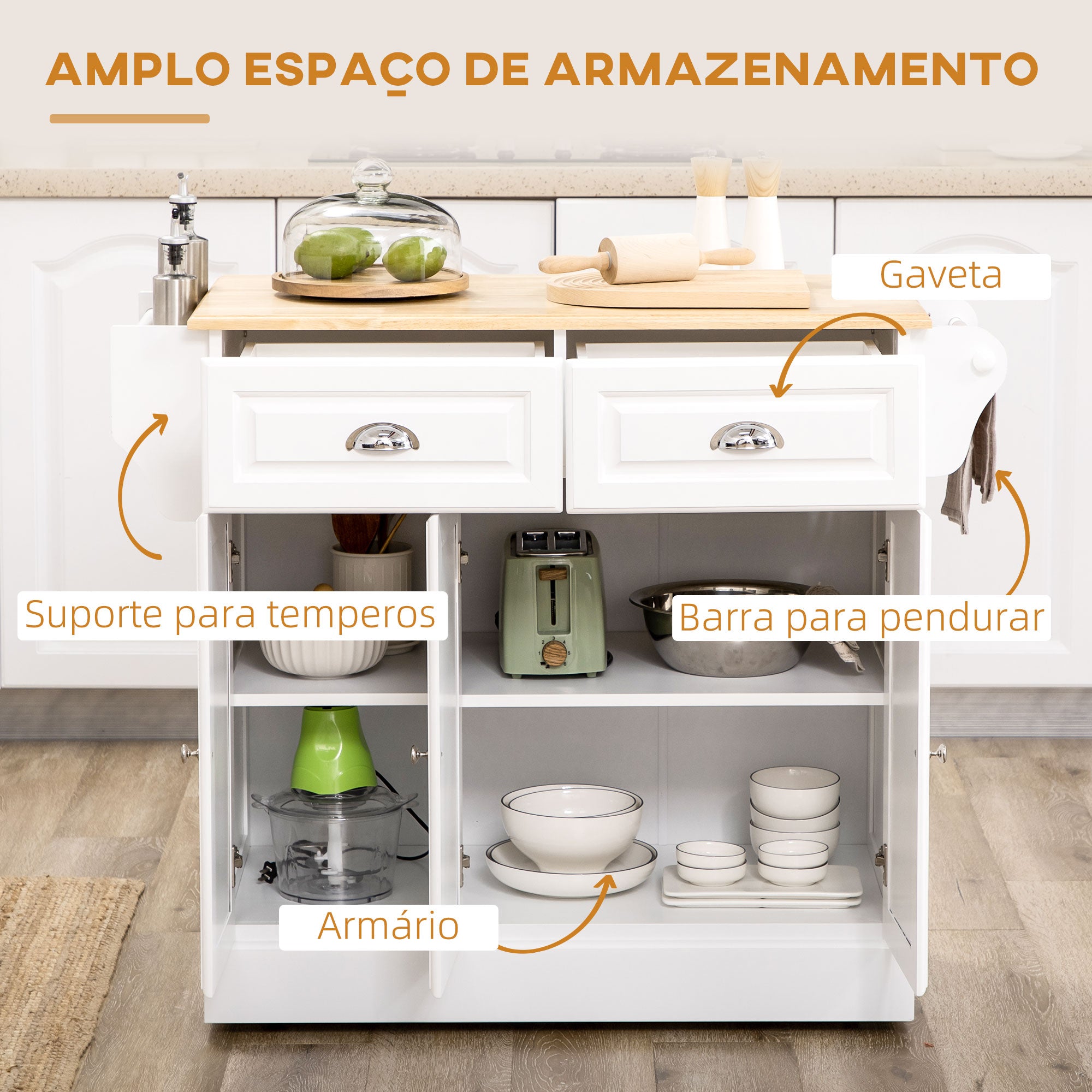 Carrinho de Cozinha Ilha com Rodas – 110x45x89 cm – Branco e Madeira – MDF e madeira de borracha