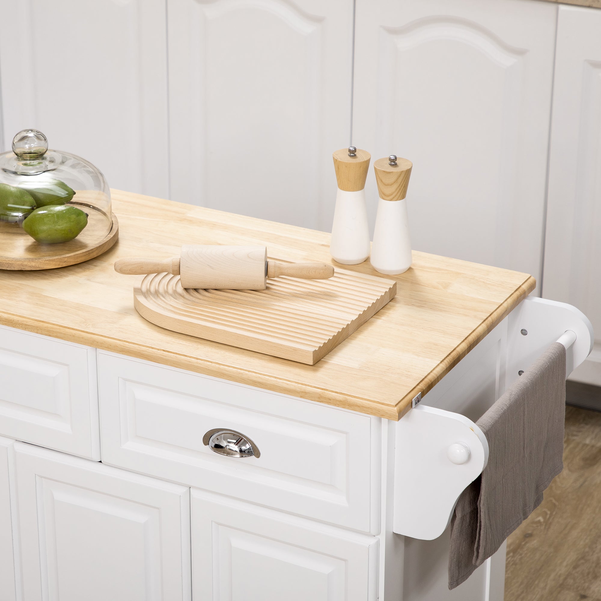 Carrinho de Cozinha Ilha com Rodas – 110x45x89 cm – Branco e Madeira – MDF e madeira de borracha