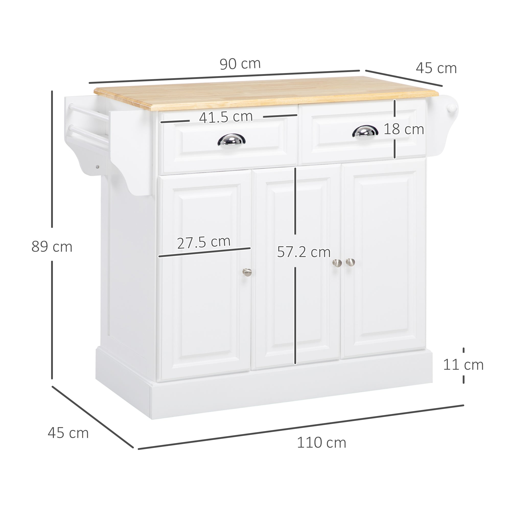 Carrinho de Cozinha Ilha com Rodas – 110x45x89 cm – Branco e Madeira – MDF e madeira de borracha