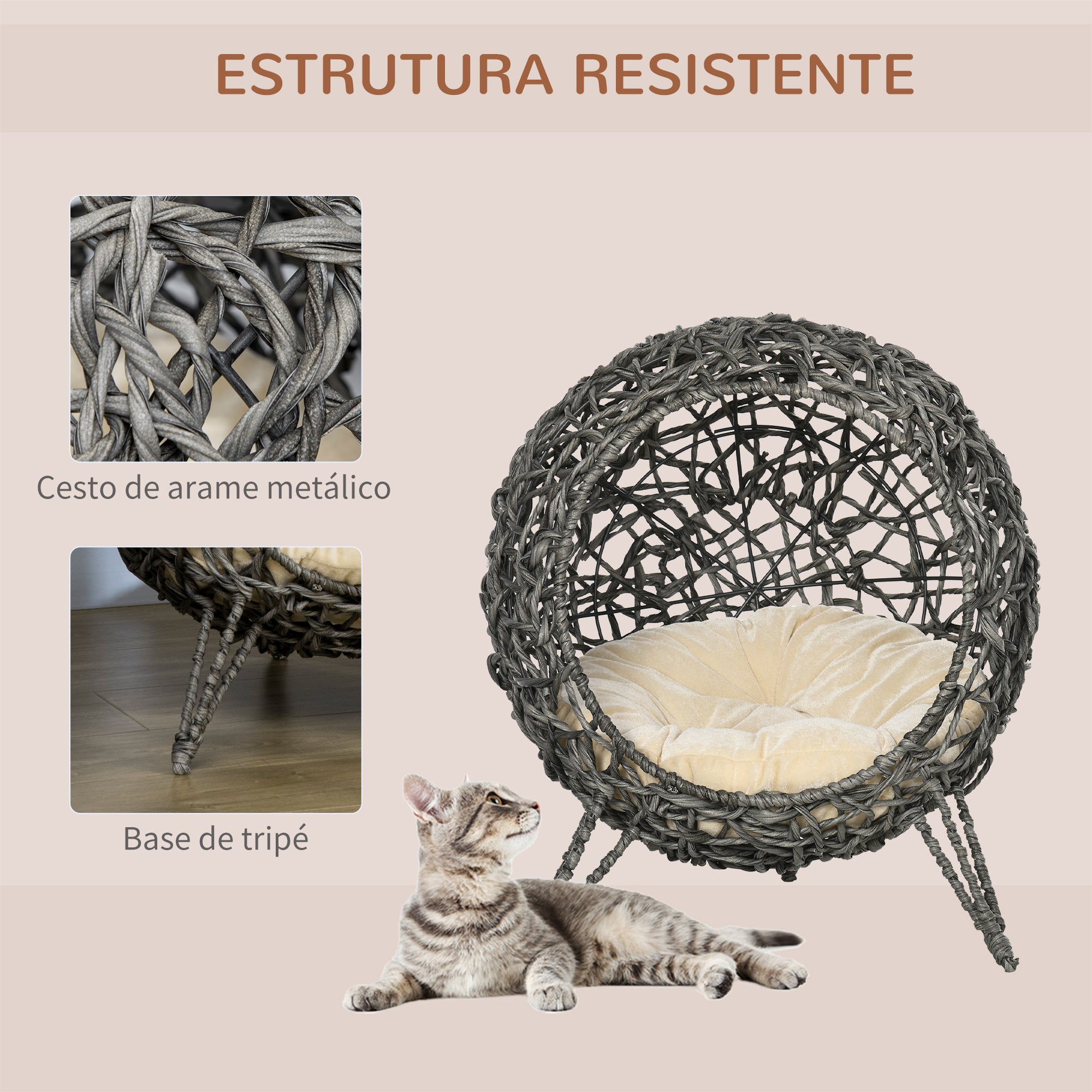 Cama para Gatos em Vime Sintético Cinzento Ø52x58 cm