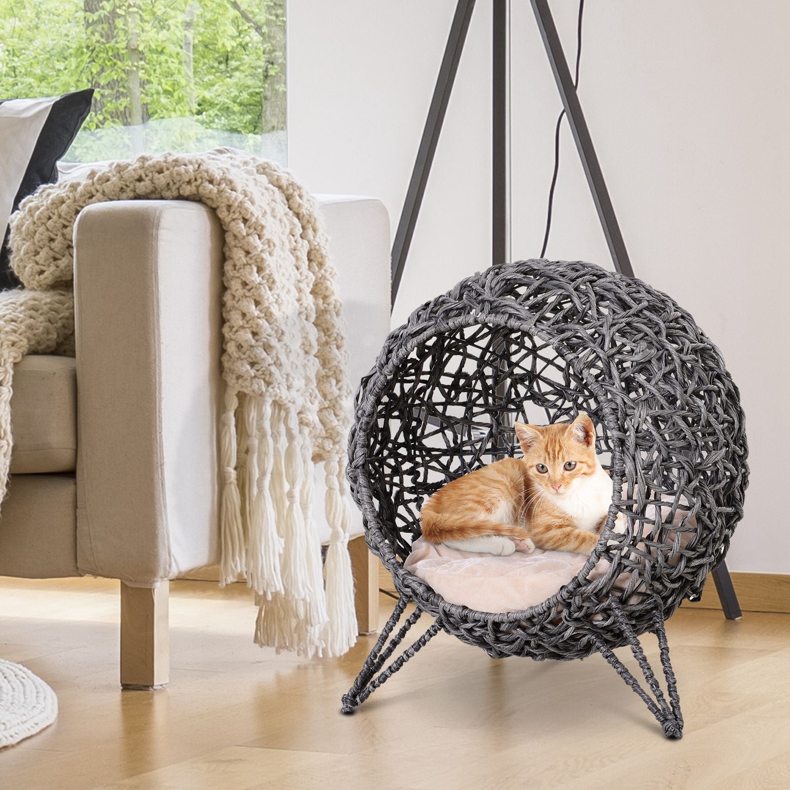 Cama para Gatos em Vime Sintético Cinzento Ø52x58 cm
