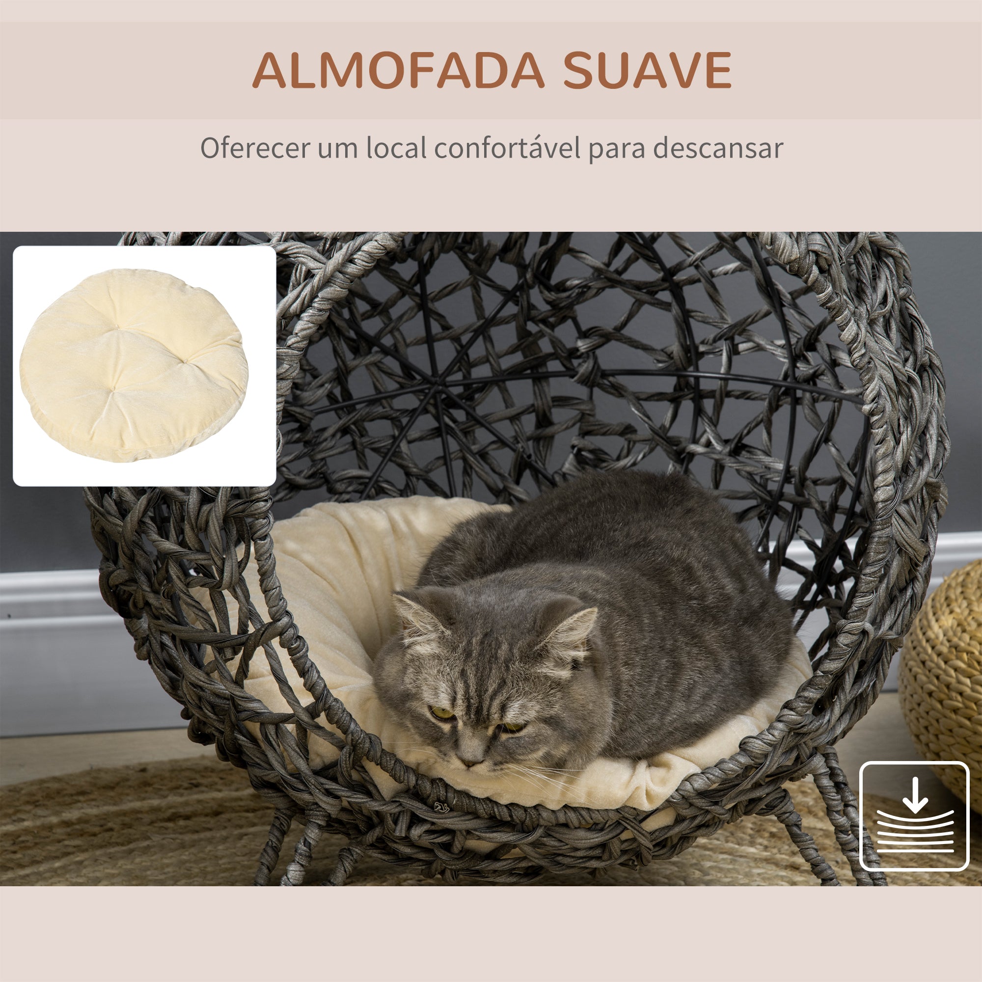 Cama para Gatos em Vime Sintético Cinzento Ø52x58 cm