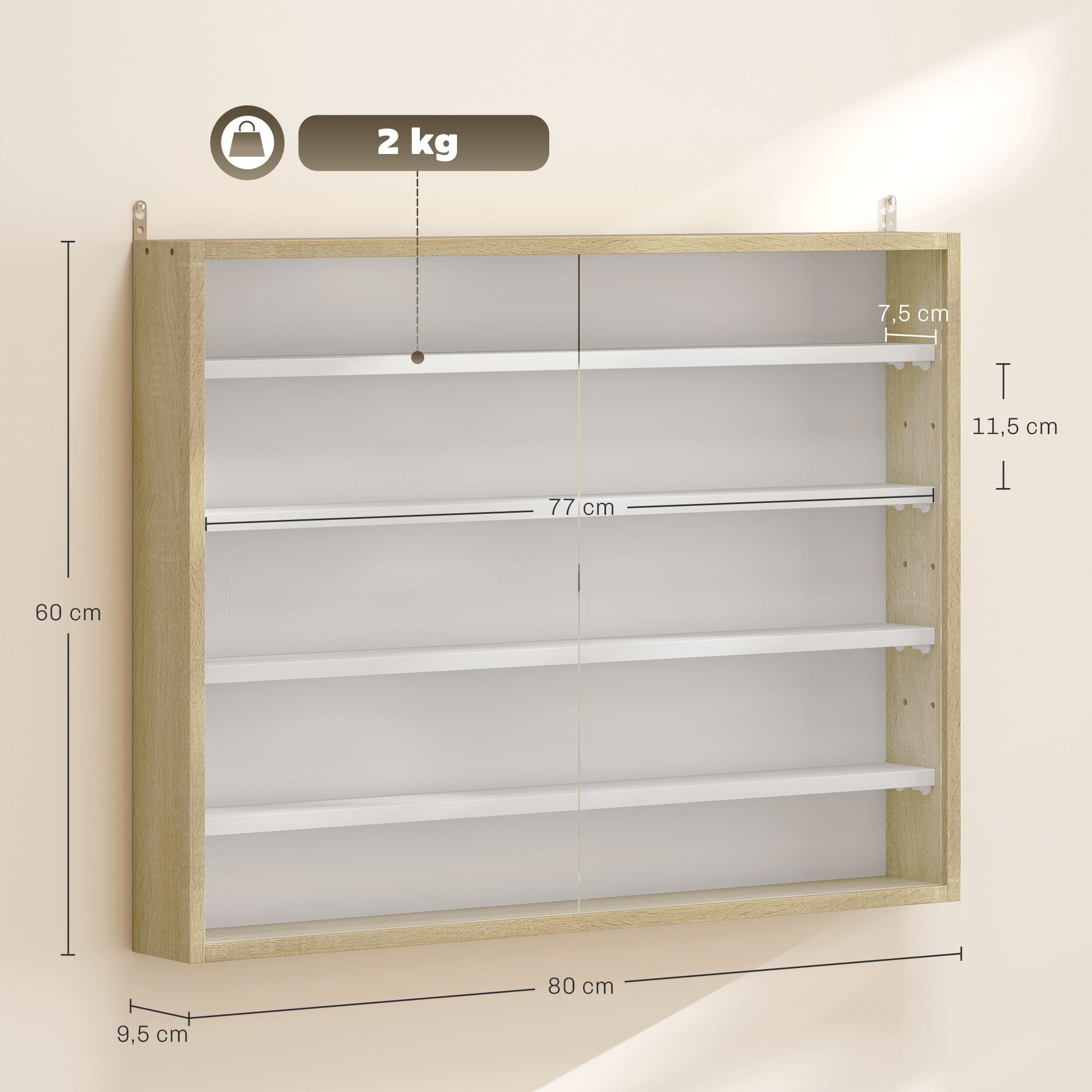Vitrine de Parede com Prateleiras Ajustáveis e Portas Corrediças de Vidro - 80x9,5x60cm - Madeira e Branco