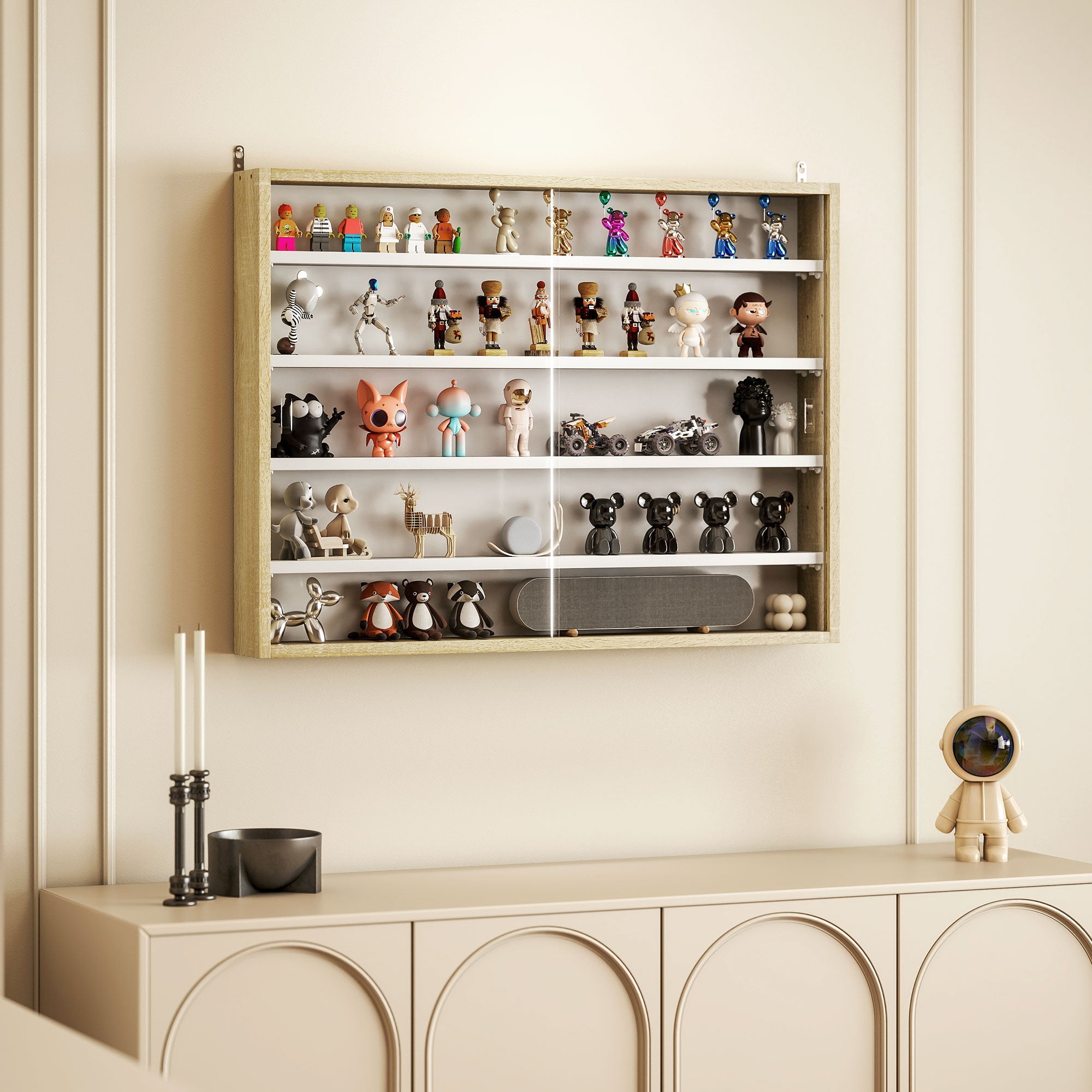 Vitrine de Parede com Prateleiras Ajustáveis e Portas Corrediças de Vidro - 80x9,5x60cm - Madeira e Branco
