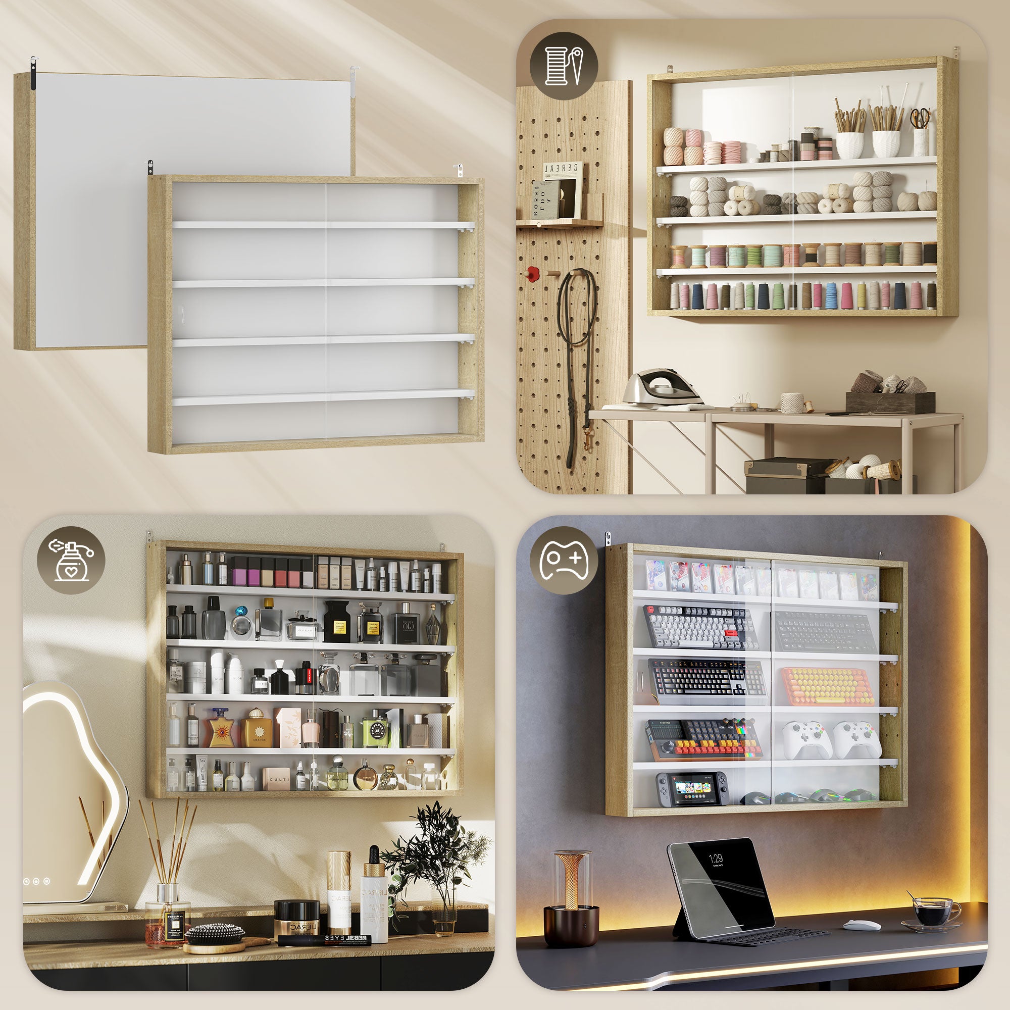 Vitrine de Parede com Prateleiras Ajustáveis e Portas Corrediças de Vidro - 80x9,5x60cm - Madeira e Branco