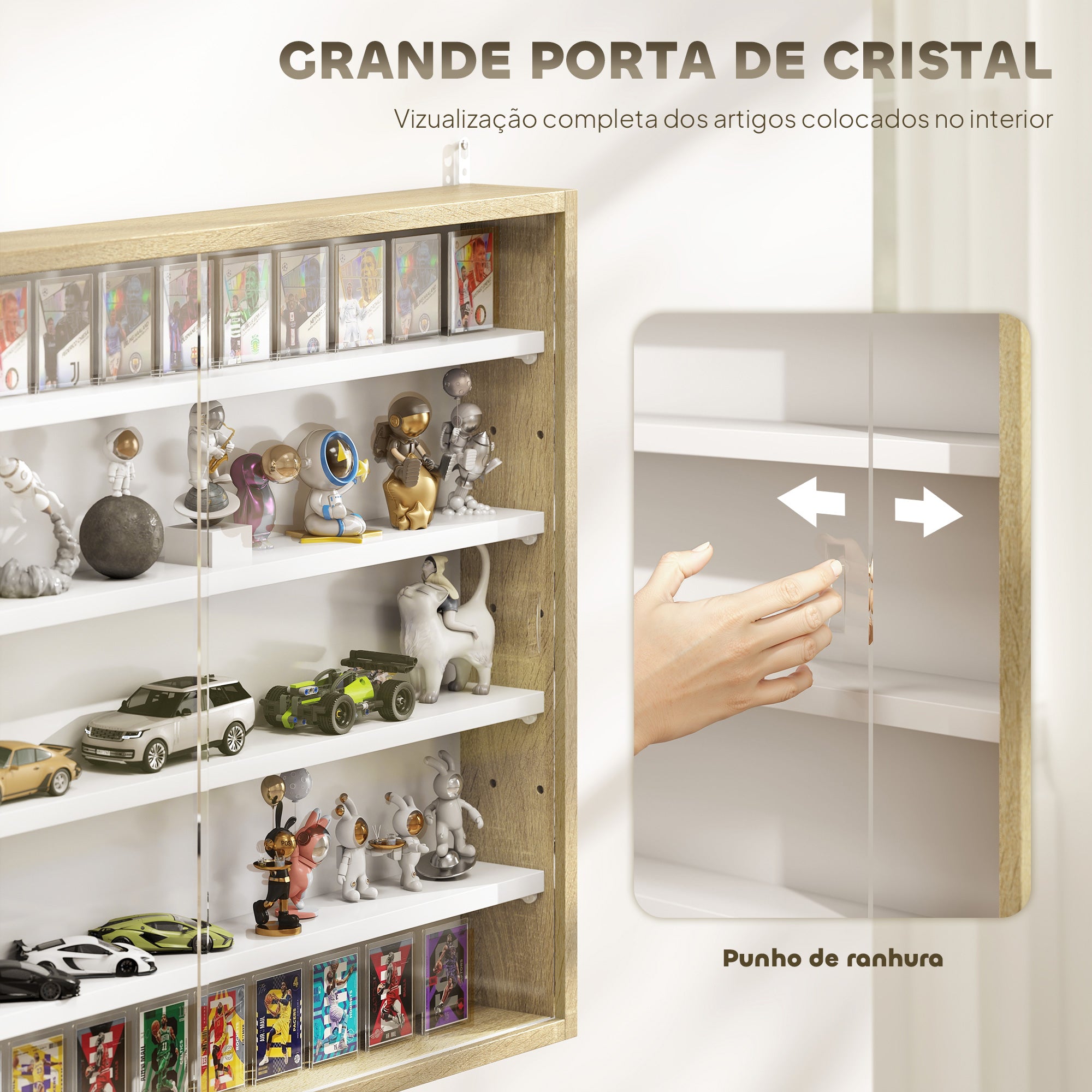 Vitrine de Parede com Prateleiras Ajustáveis e Portas Corrediças de Vidro - 80x9,5x60cm - Madeira e Branco