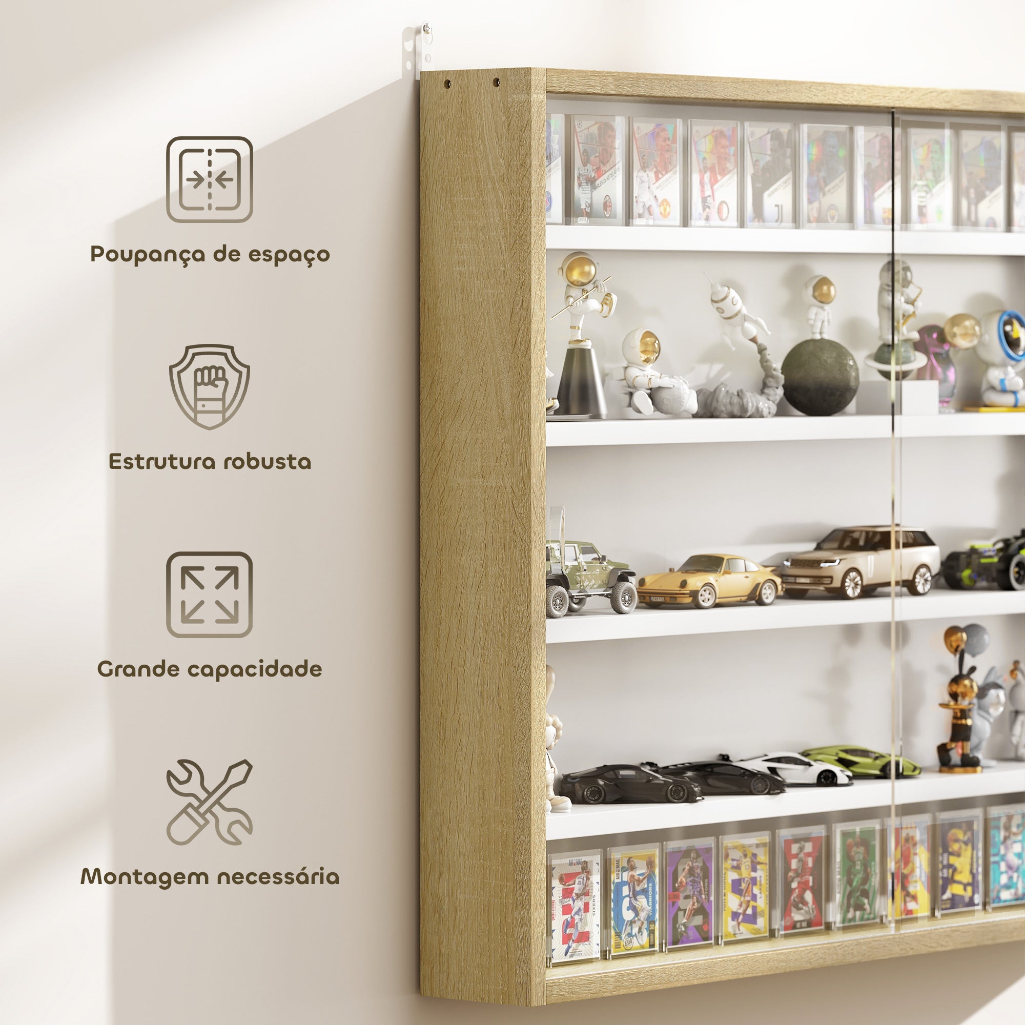 Vitrine de Parede com Prateleiras Ajustáveis e Portas Corrediças de Vidro - 80x9,5x60cm - Madeira e Branco