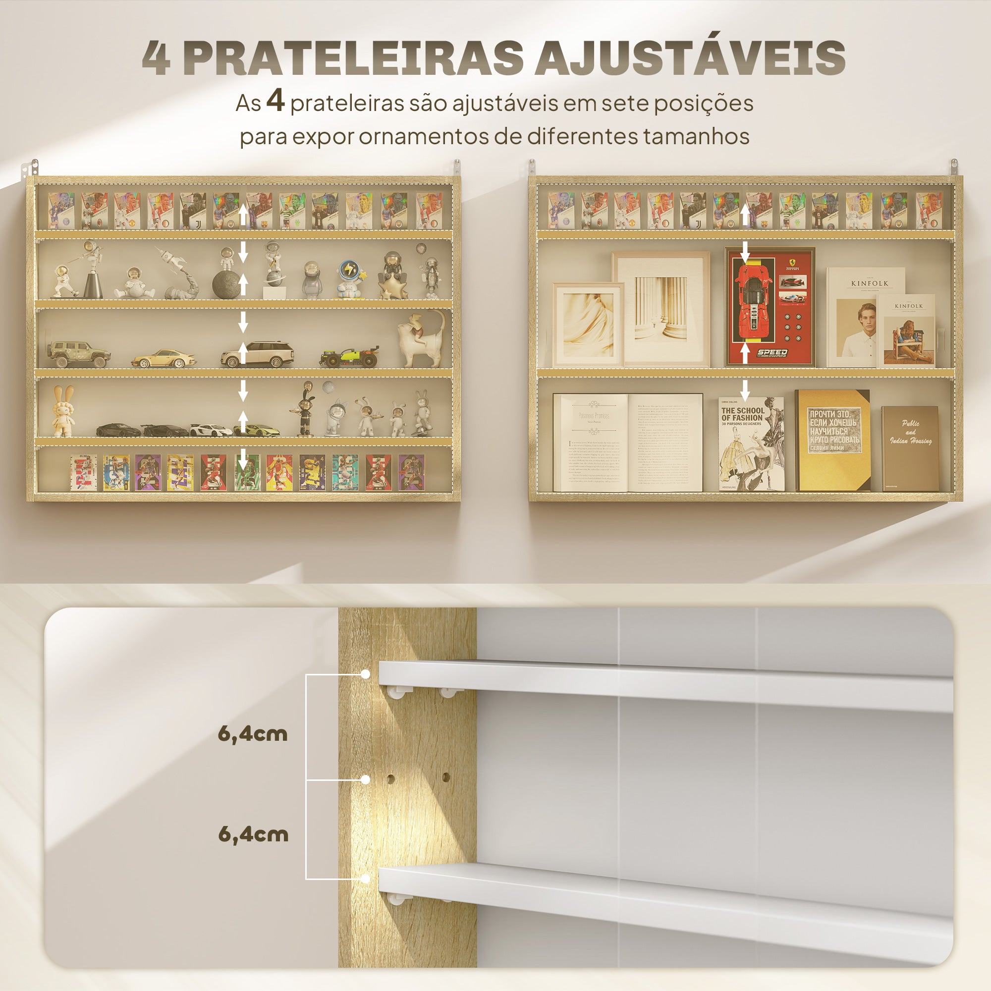 Vitrine de Parede com Prateleiras Ajustáveis e Portas Corrediças de Vidro - 80x9,5x60cm - Madeira e Branco