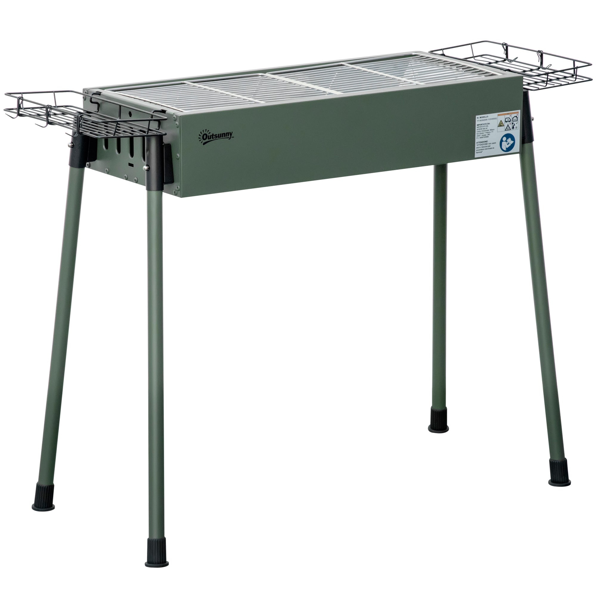 Barbecue a Carvão Verde 77x30x70 cm com 2 Grelhas de Aço Inoxidável e Prateleiras
