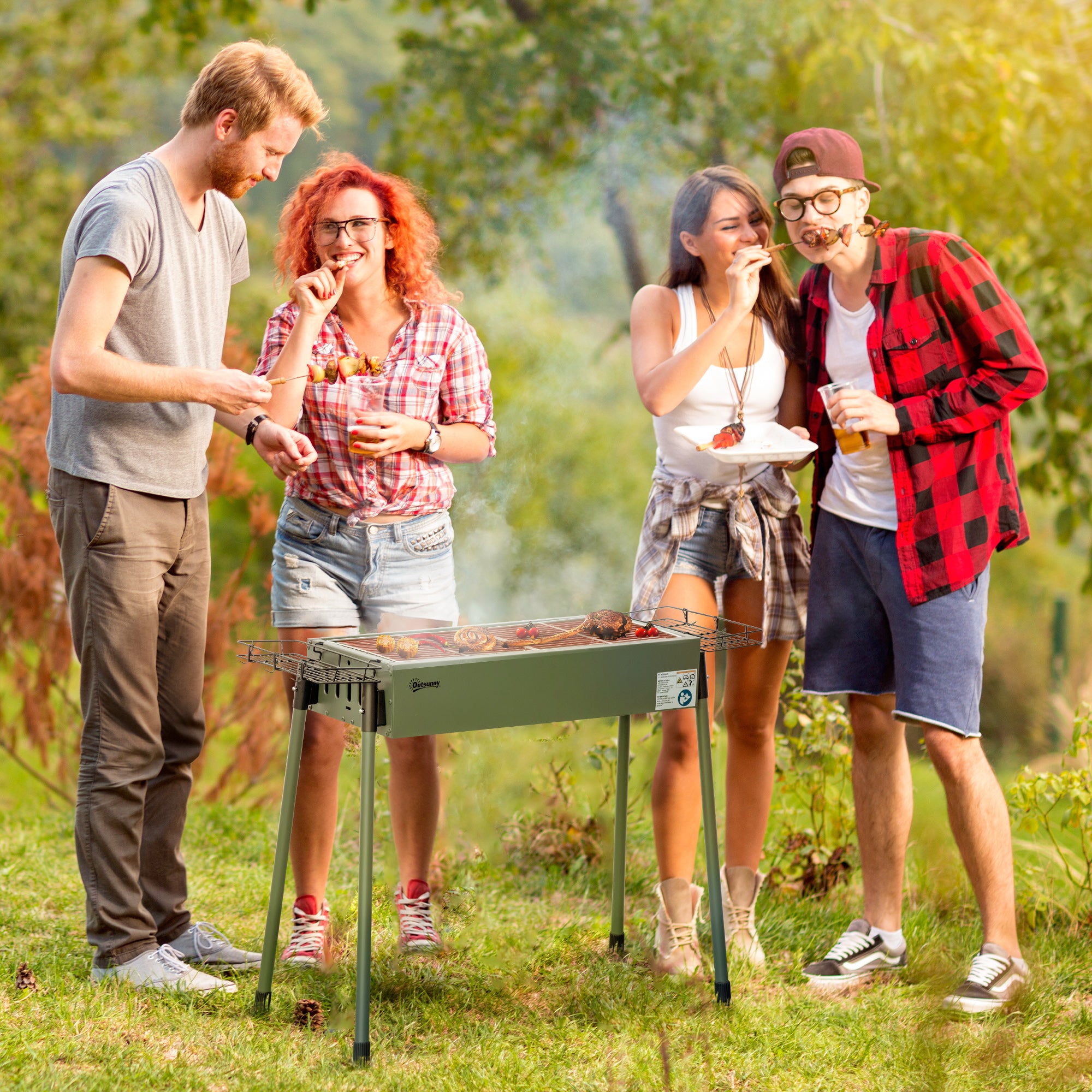 Barbecue a Carvão Verde 77x30x70 cm com 2 Grelhas de Aço Inoxidável e Prateleiras