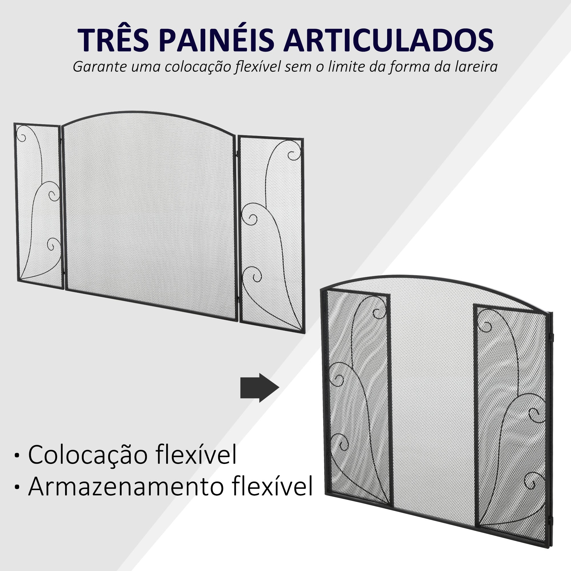 Frente para Lareira de 3 Painéis 132,5x76,5cm - Cor Preto