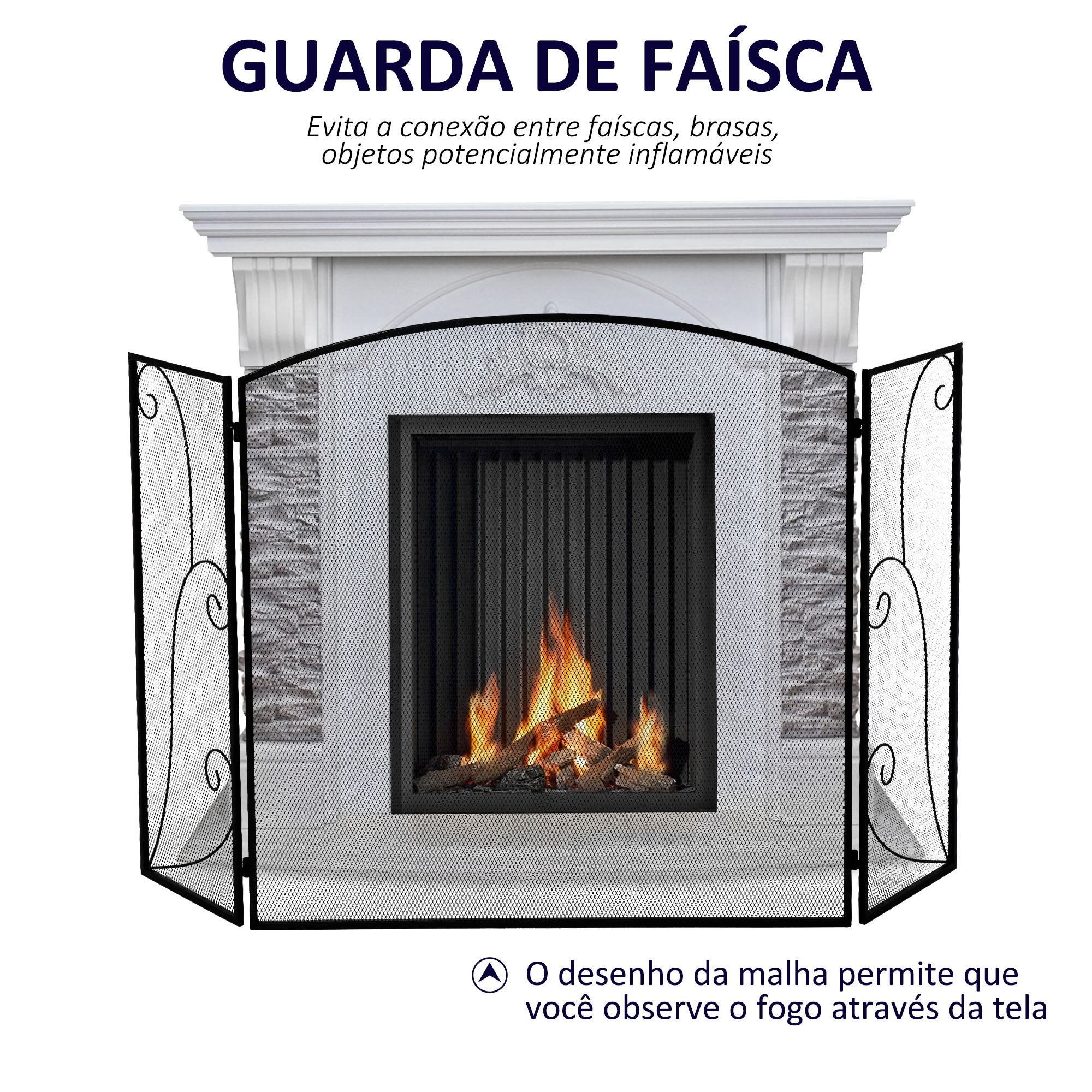 Frente para Lareira de 3 Painéis 132,5x76,5cm - Cor Preto