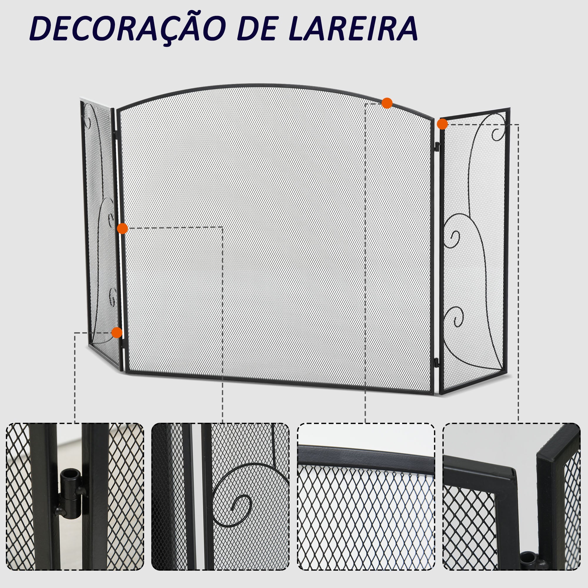 Frente para Lareira de 3 Painéis 132,5x76,5cm - Cor Preto