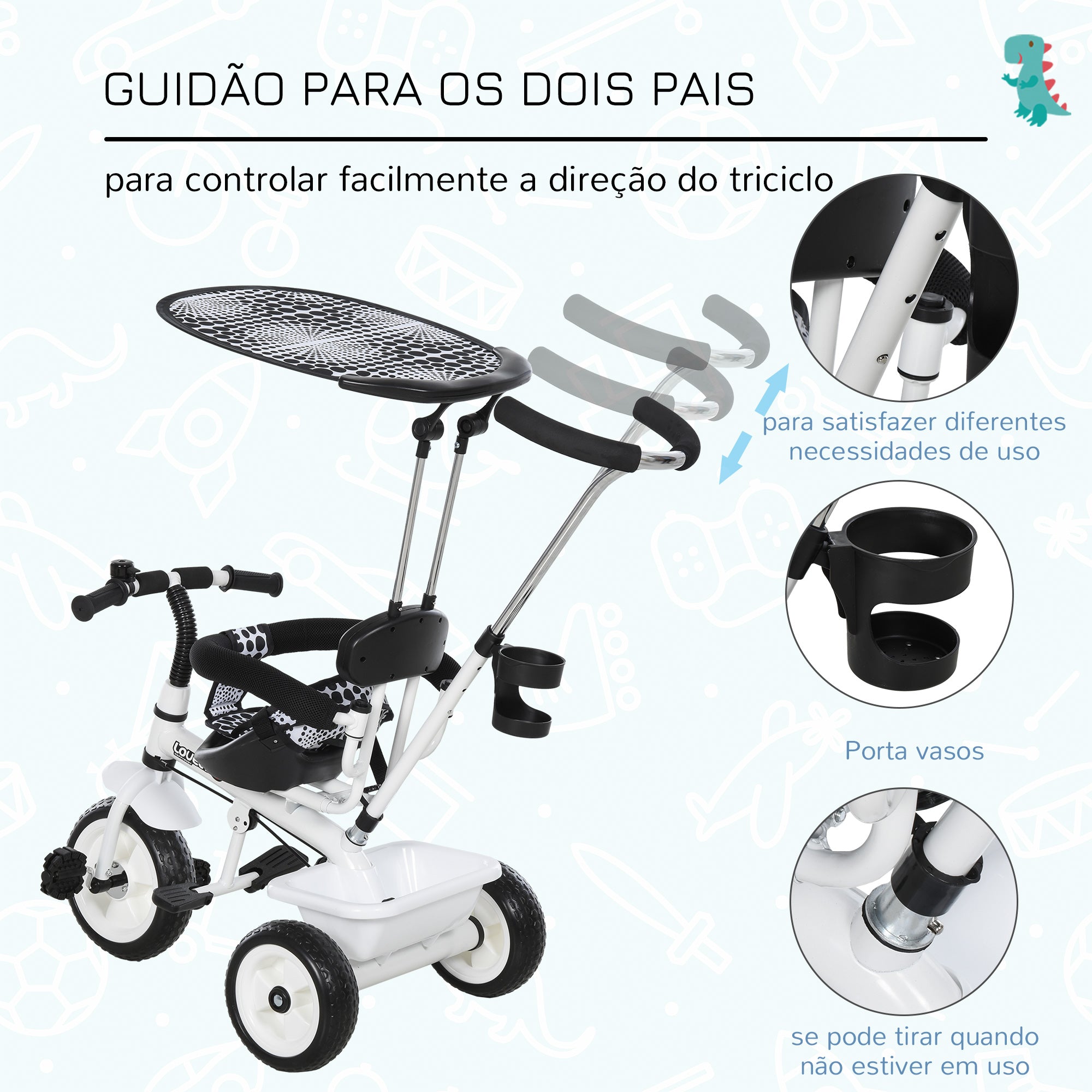 Triciclo Infantil Multifuncional Branco e Preto 103x47x101cm