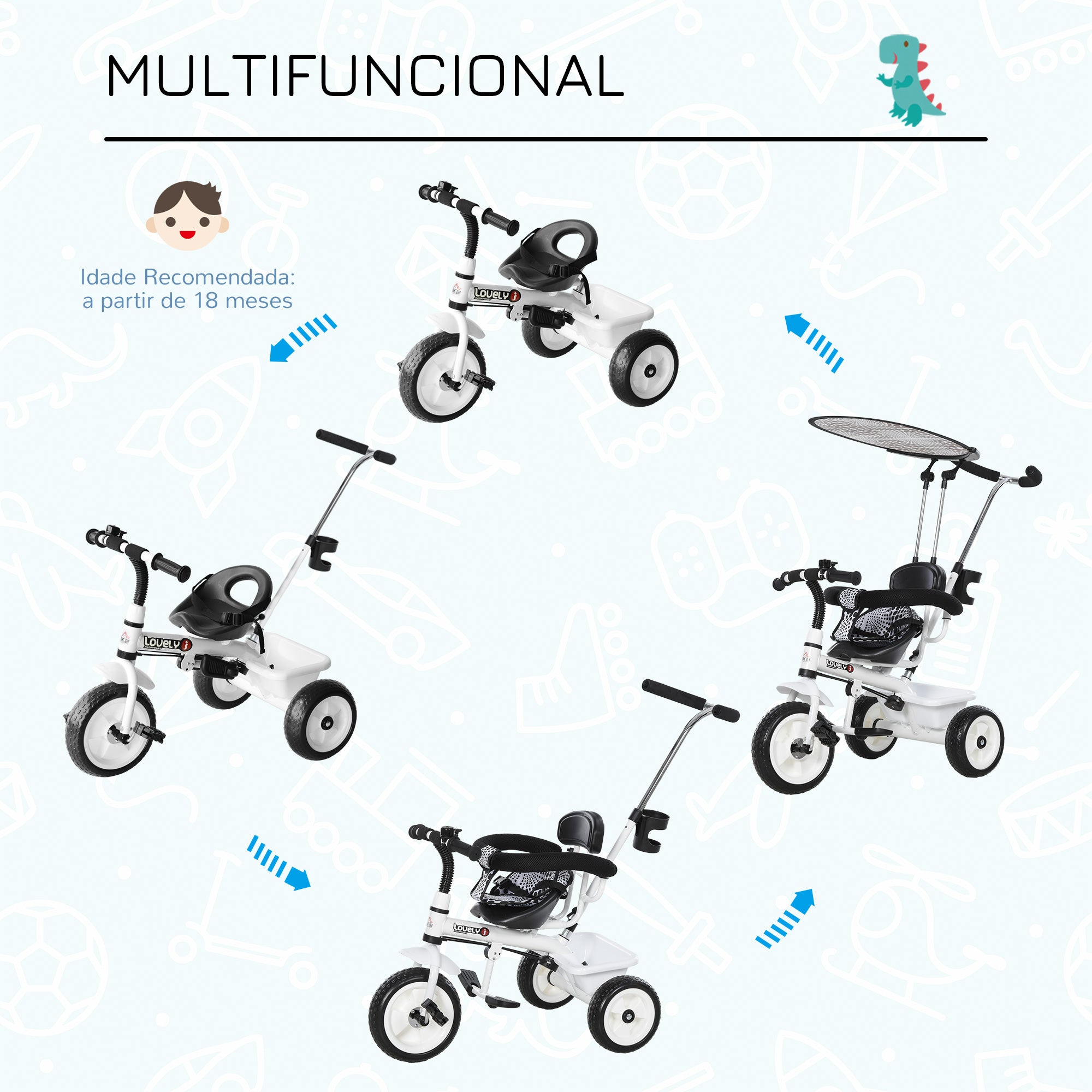 Triciclo Infantil Multifuncional Branco e Preto 103x47x101cm