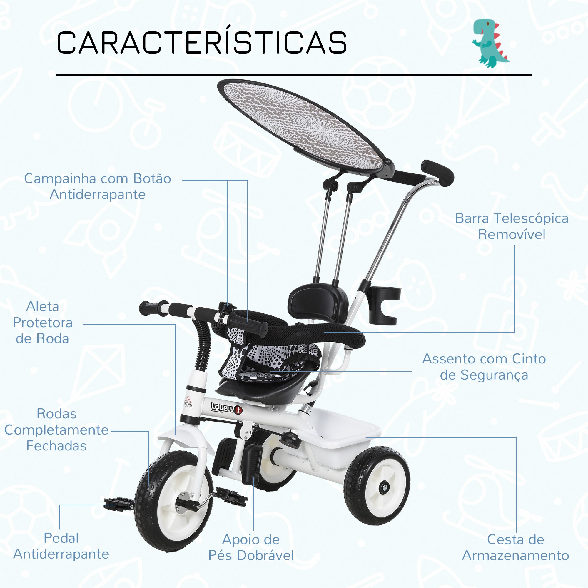 Triciclo Infantil Multifuncional Branco e Preto 103x47x101cm