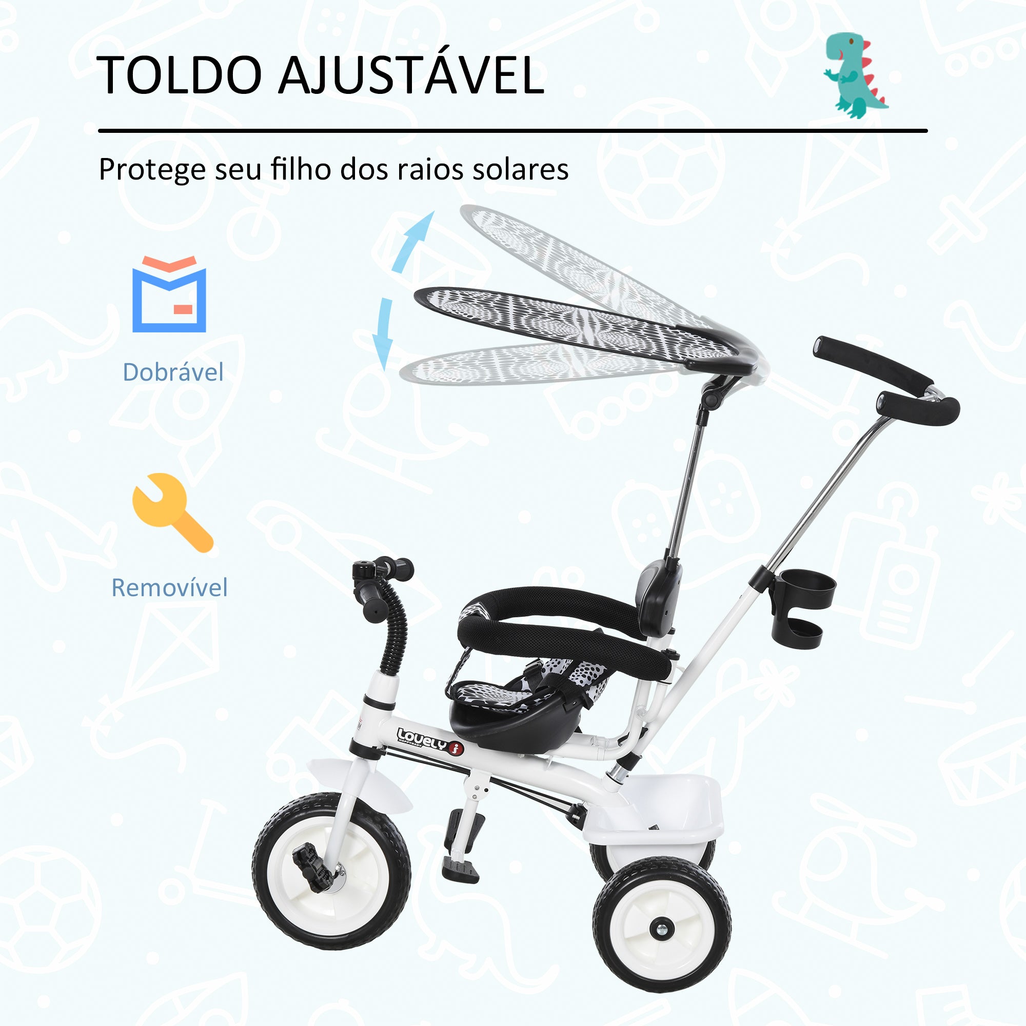 Triciclo Infantil Multifuncional Branco e Preto 103x47x101cm