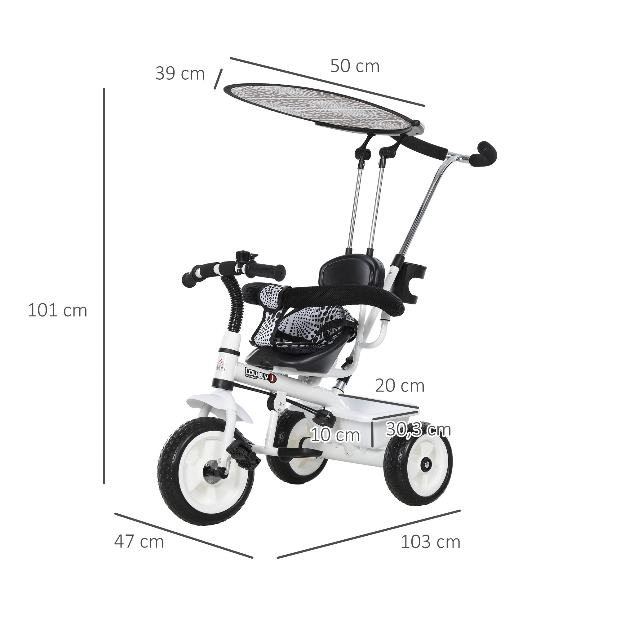Triciclo Infantil Multifuncional Branco e Preto 103x47x101cm