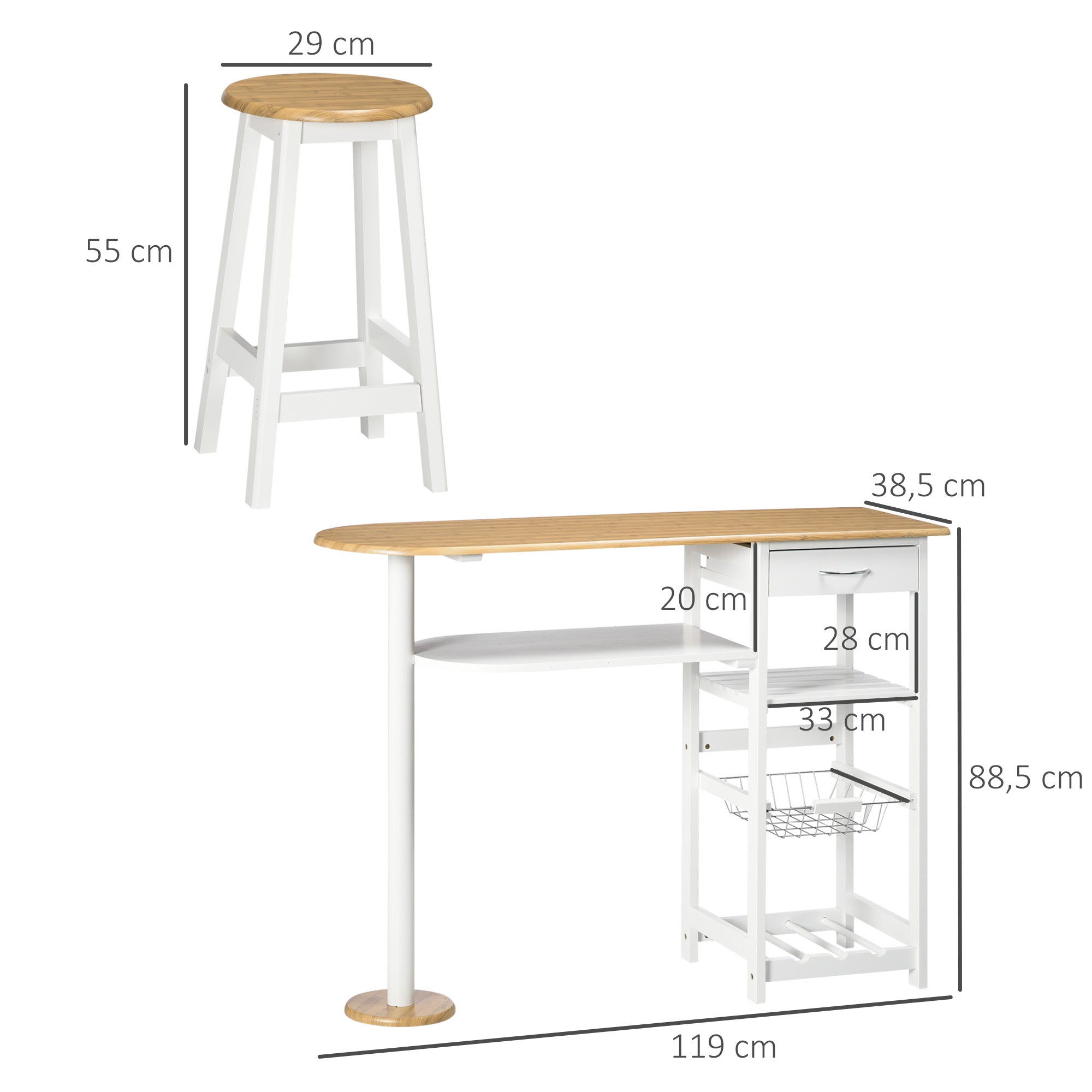 Conjunto de Mesa de Bar com Gaveta e Bancos – 119x38.5x88.5 cm – Branco – MDF e Aço