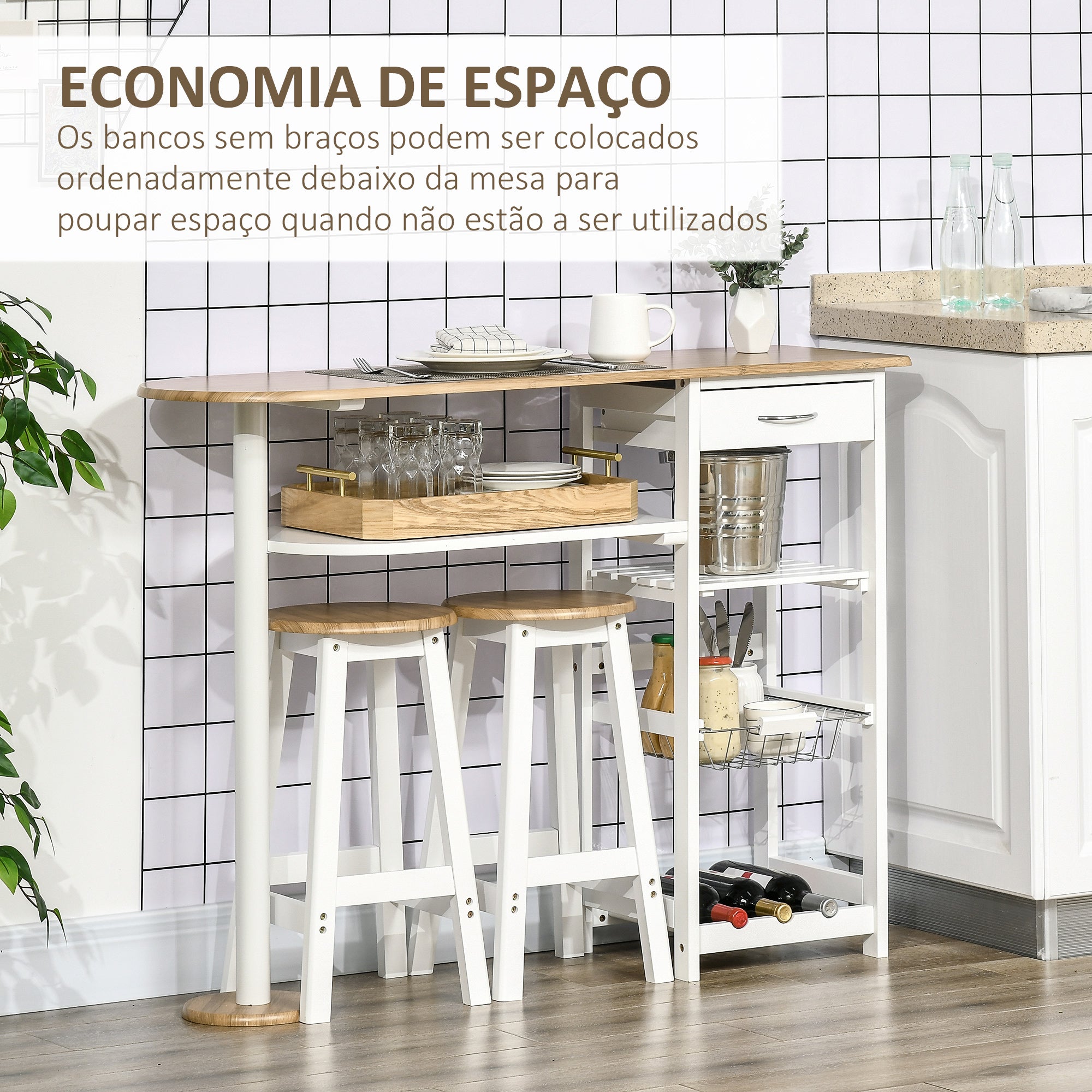 Conjunto de Mesa de Bar com Gaveta e Bancos – 119x38.5x88.5 cm – Branco – MDF e Aço