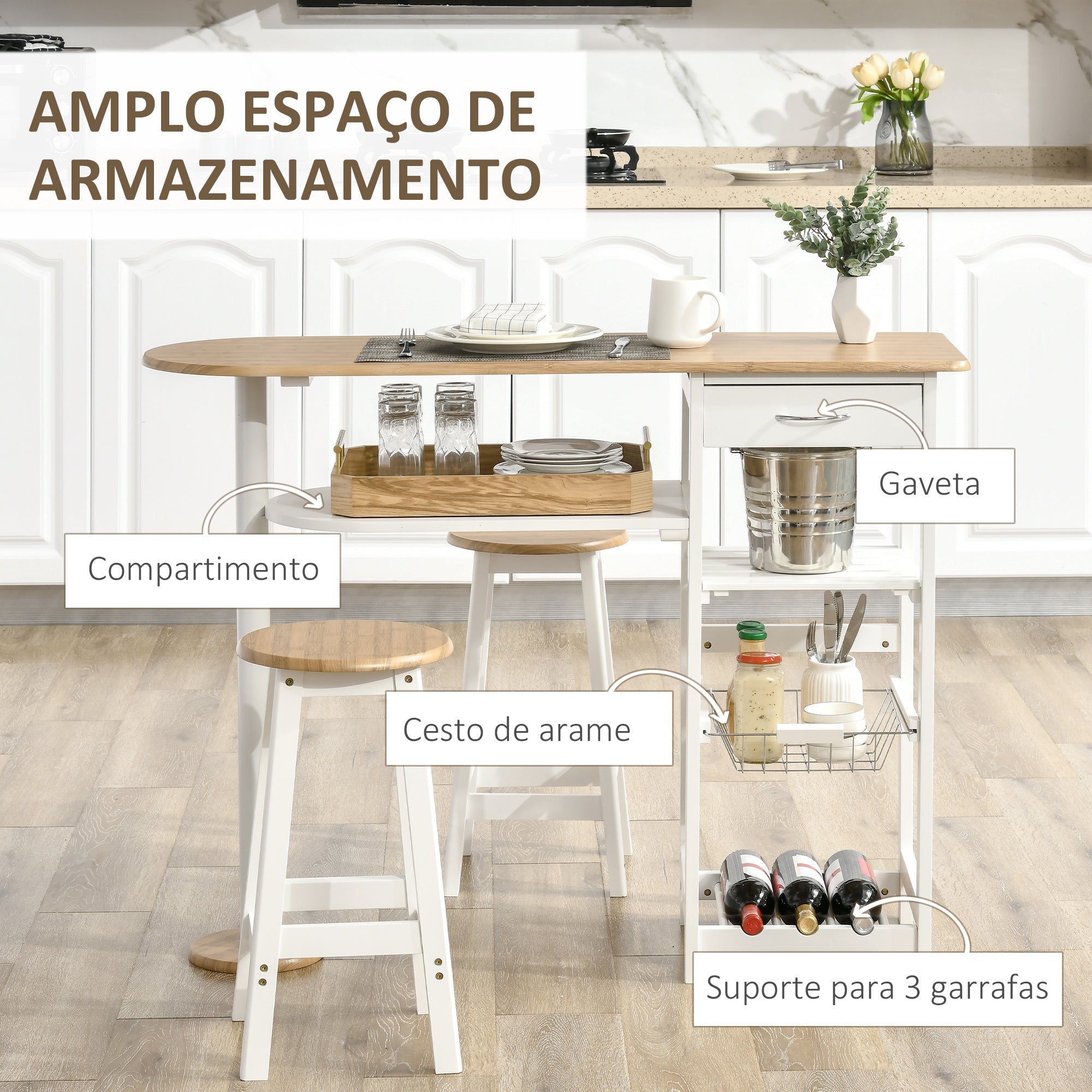 Conjunto de Mesa de Bar com Gaveta e Bancos – 119x38.5x88.5 cm – Branco – MDF e Aço