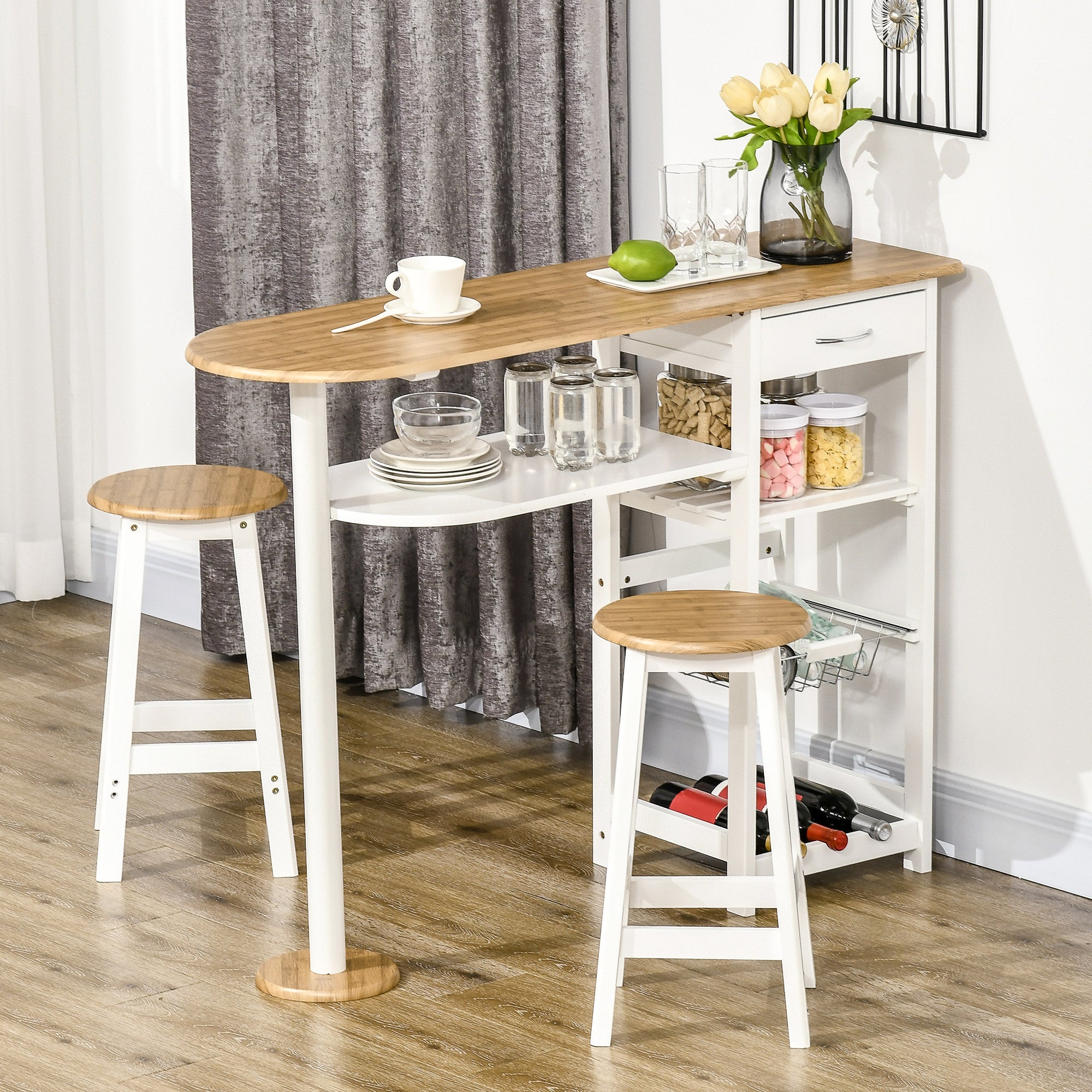 Conjunto de Mesa de Bar com Gaveta e Bancos – 119x38.5x88.5 cm – Branco – MDF e Aço