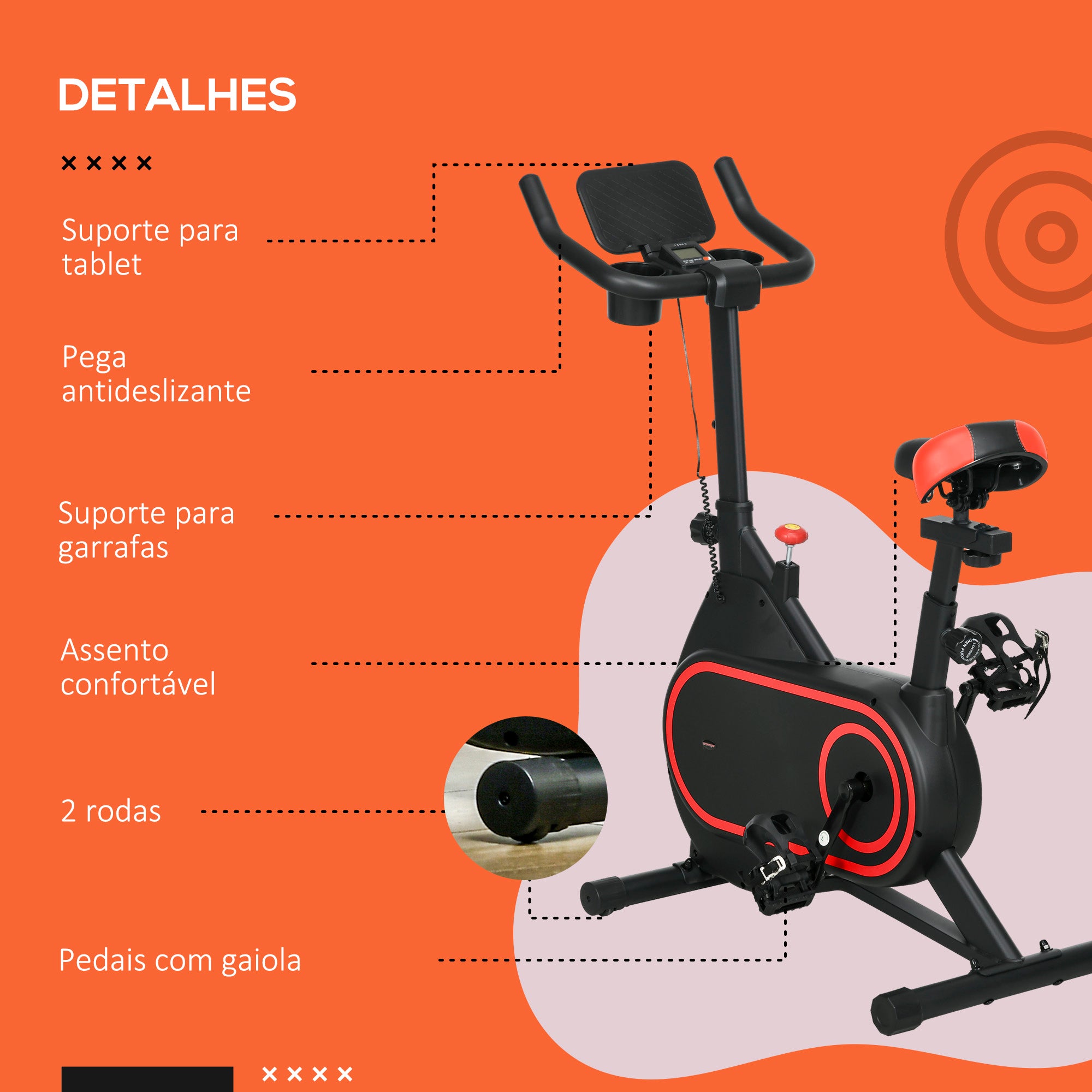 Bicicleta Estática Vermelha e Preta 93x48,5x102-112 cm