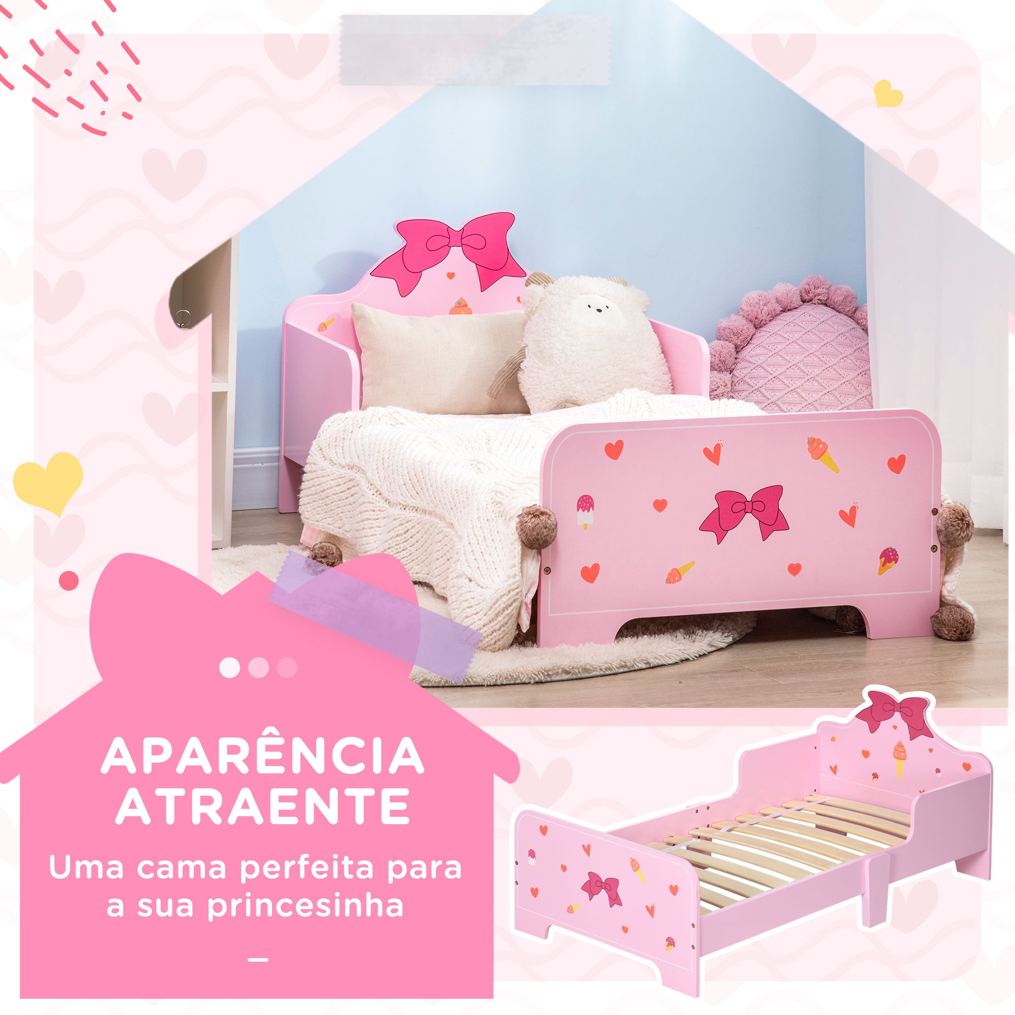 Cama Infantil de Madeira Rosa 143x74x59cm para Crianças de 3-6 Anos