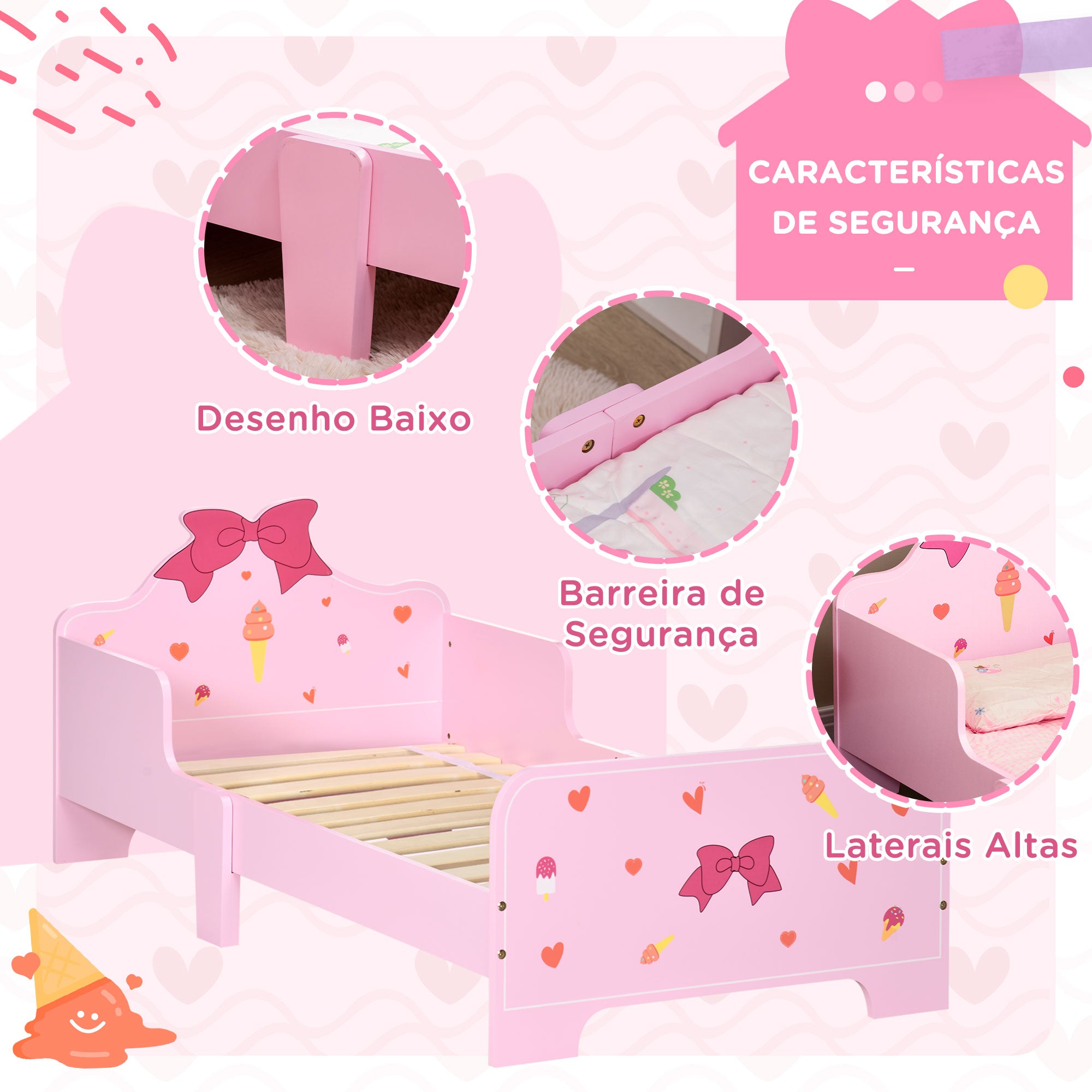 Cama Infantil de Madeira Rosa 143x74x59cm para Crianças de 3-6 Anos