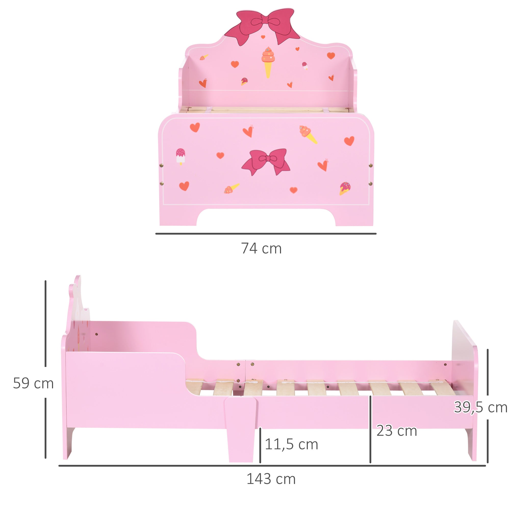 Cama Infantil de Madeira Rosa 143x74x59cm para Crianças de 3-6 Anos