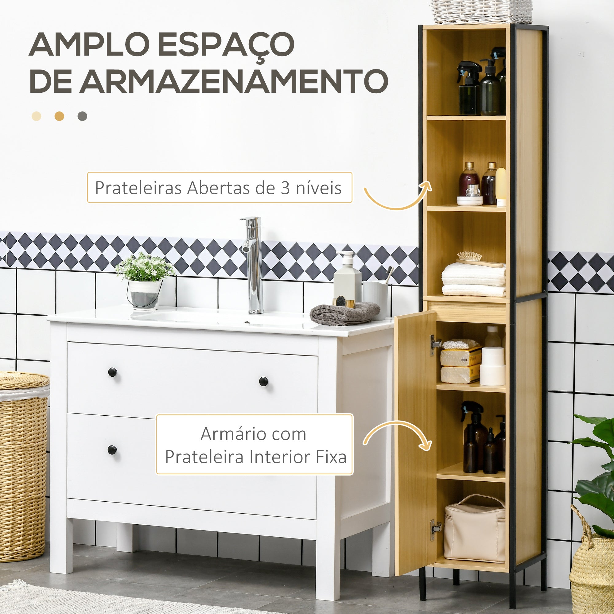 Coluna Casa de Banho Estilo Industrial 30x28x168cm - Madeira e Preto