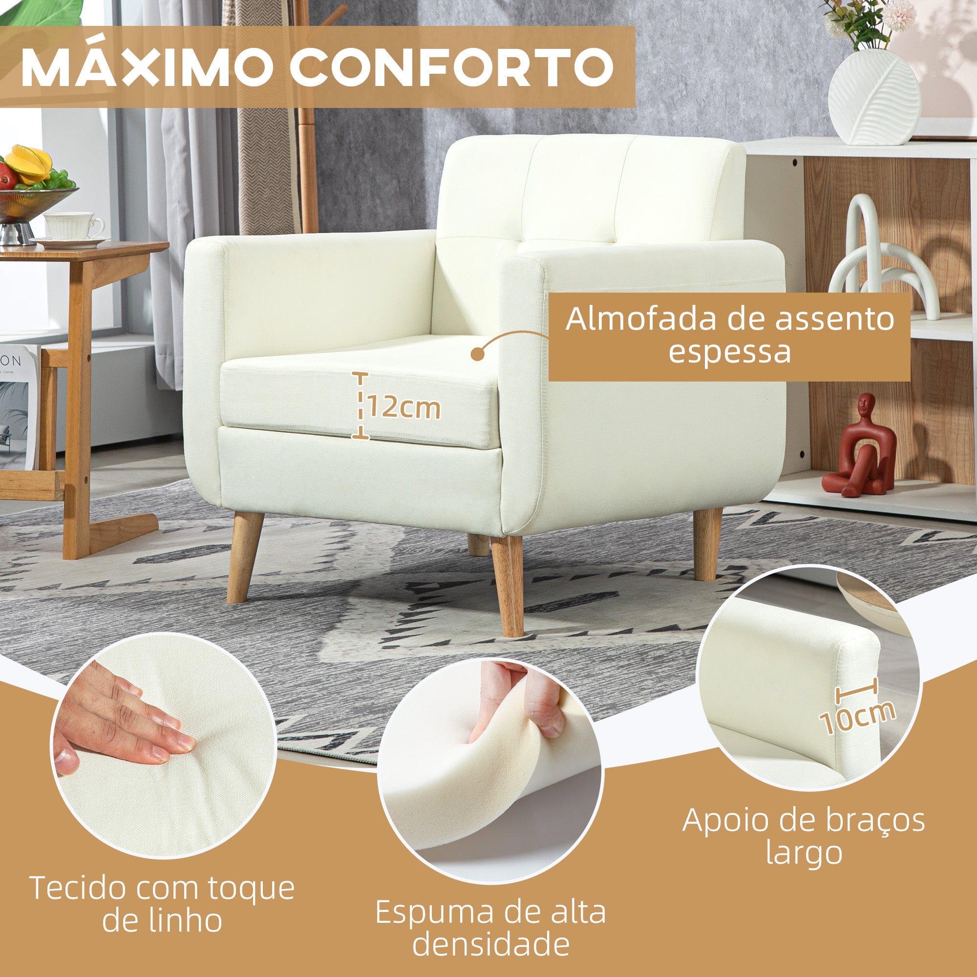 Poltrona Sala de Estar Confortável Creme Branco 78x70x75 cm