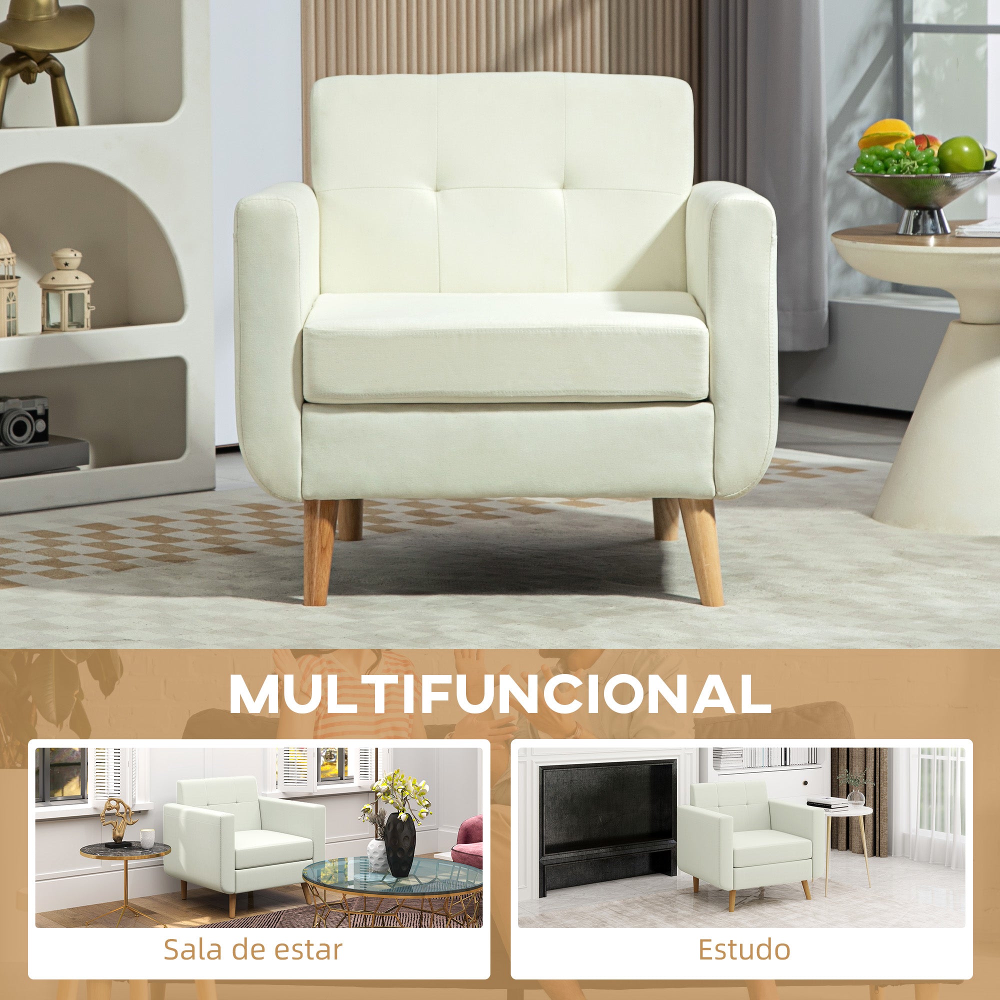 Poltrona Sala de Estar Confortável Creme Branco 78x70x75 cm