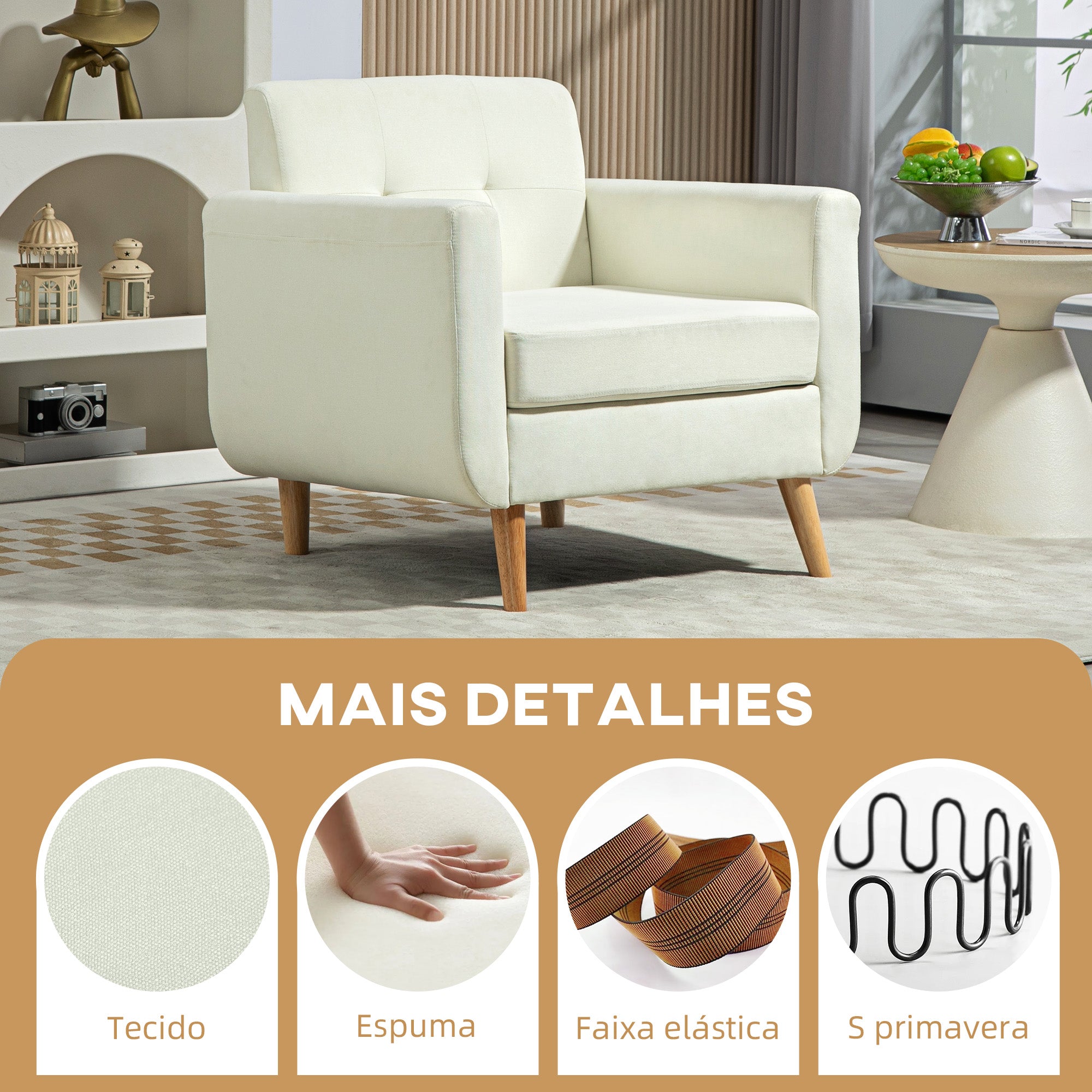 Poltrona Sala de Estar Confortável Creme Branco 78x70x75 cm