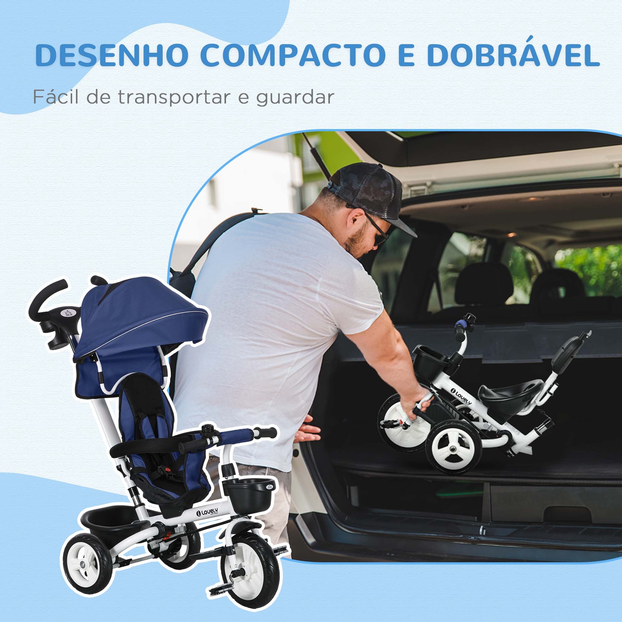 Triciclo Evolutivo Azul 112x50x104 cm para Crianças de 12-60 Meses