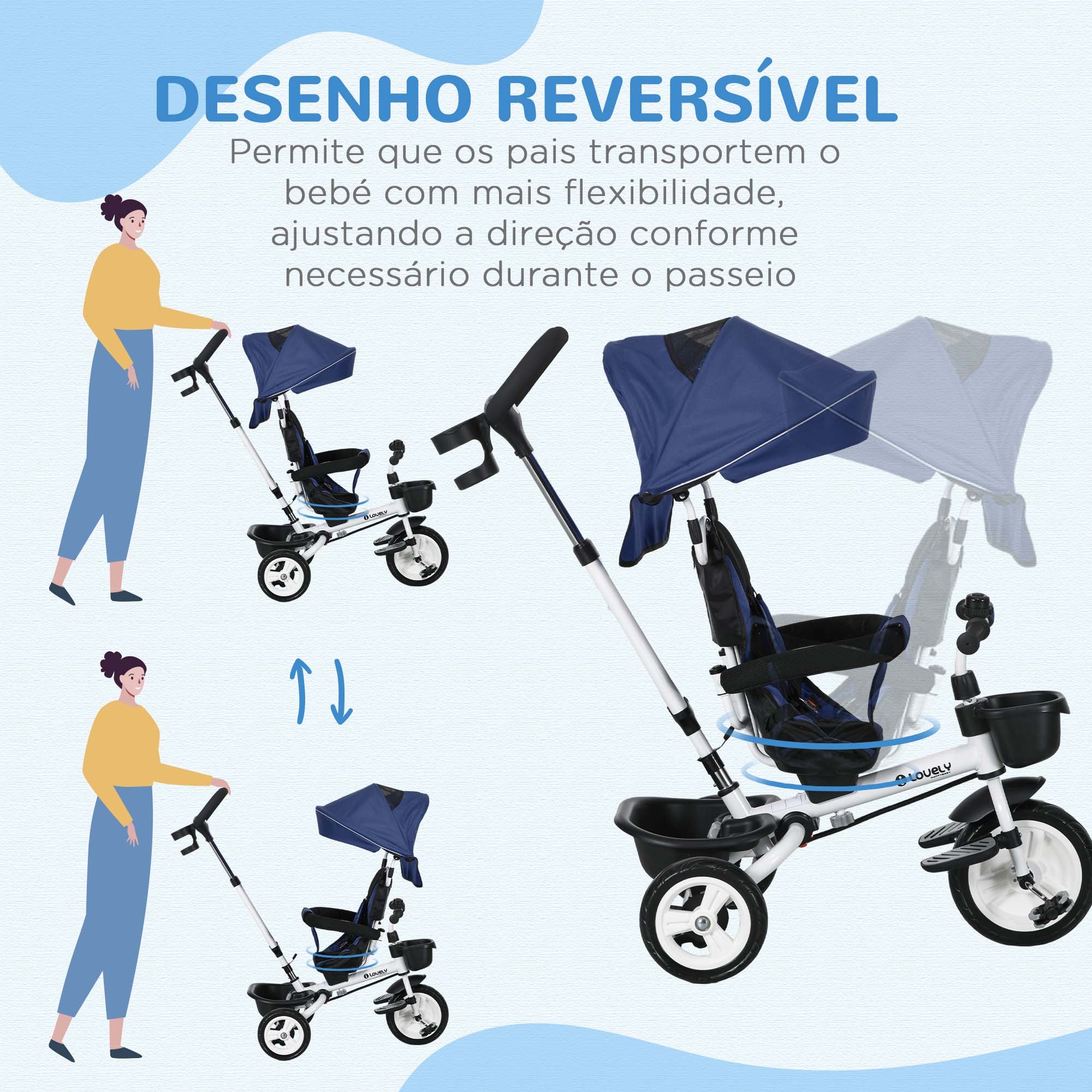 Triciclo Evolutivo Azul 112x50x104 cm para Crianças de 12-60 Meses