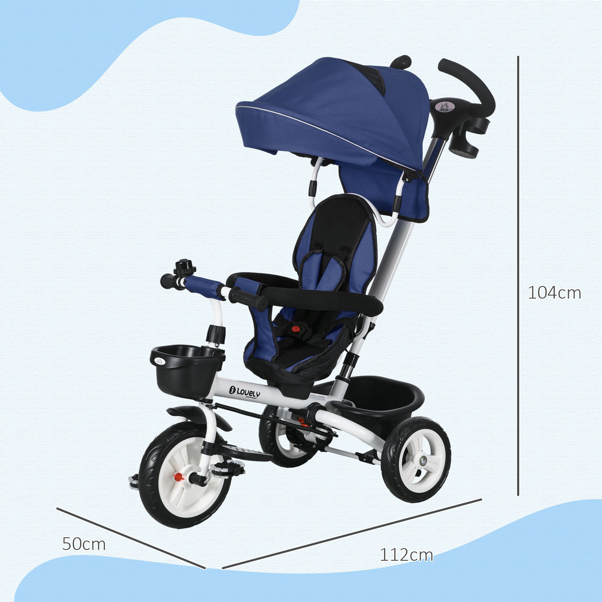Triciclo Evolutivo Azul 112x50x104 cm para Crianças de 12-60 Meses