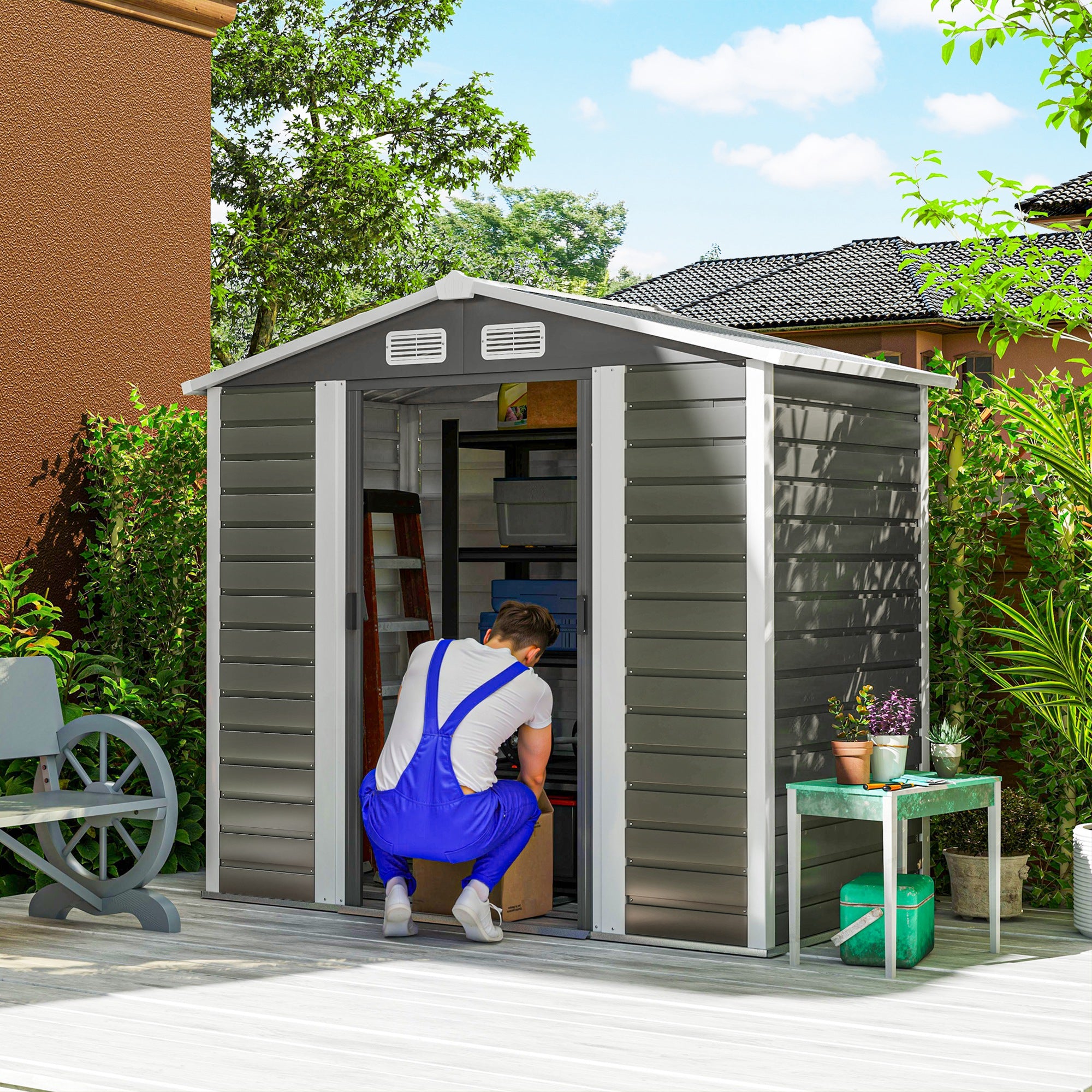 Abrigo de Jardim Cinzento 213x120x166/194 cm - Estrutura em Aço Galvanizado