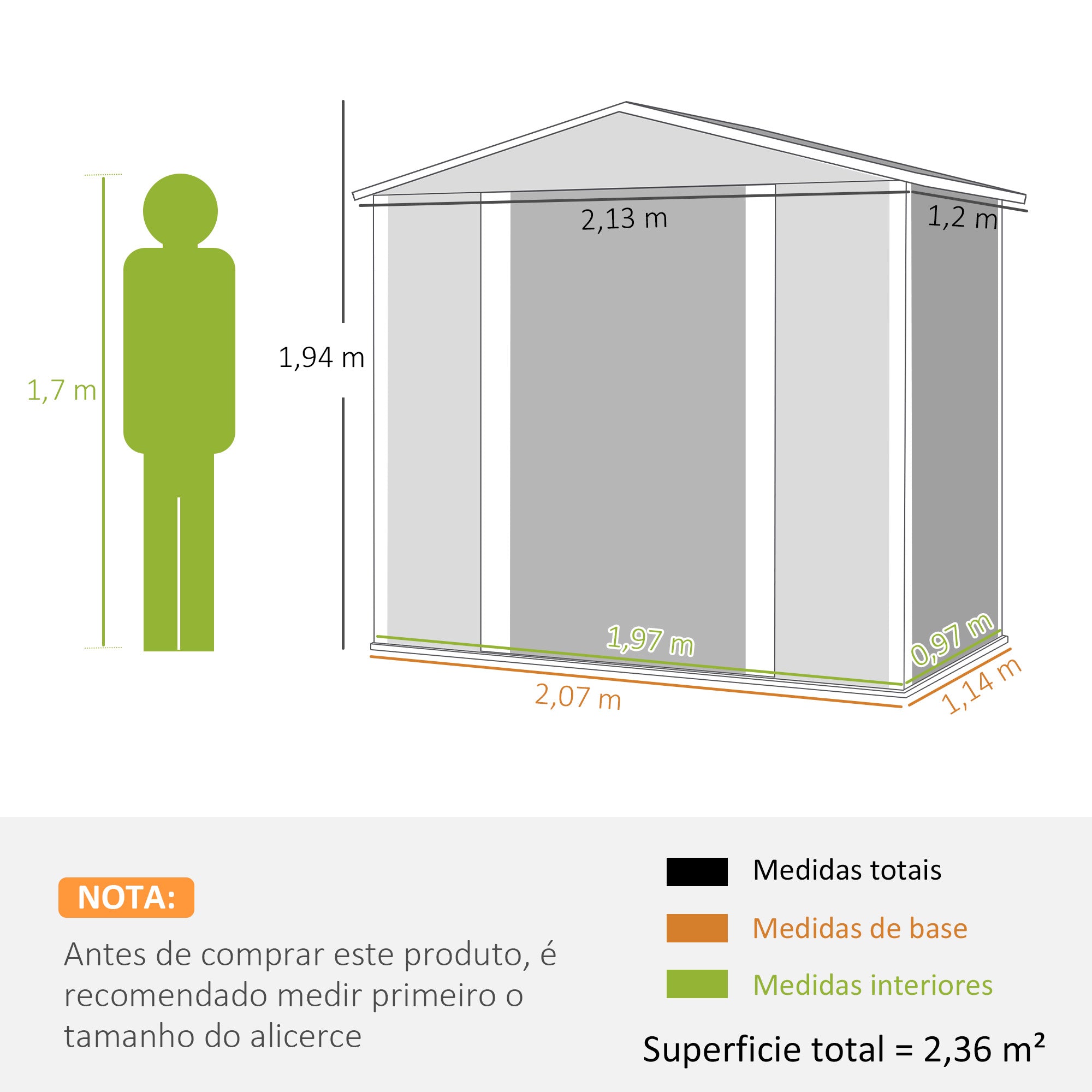 Abrigo de Jardim Cinzento 213x120x166/194 cm - Estrutura em Aço Galvanizado