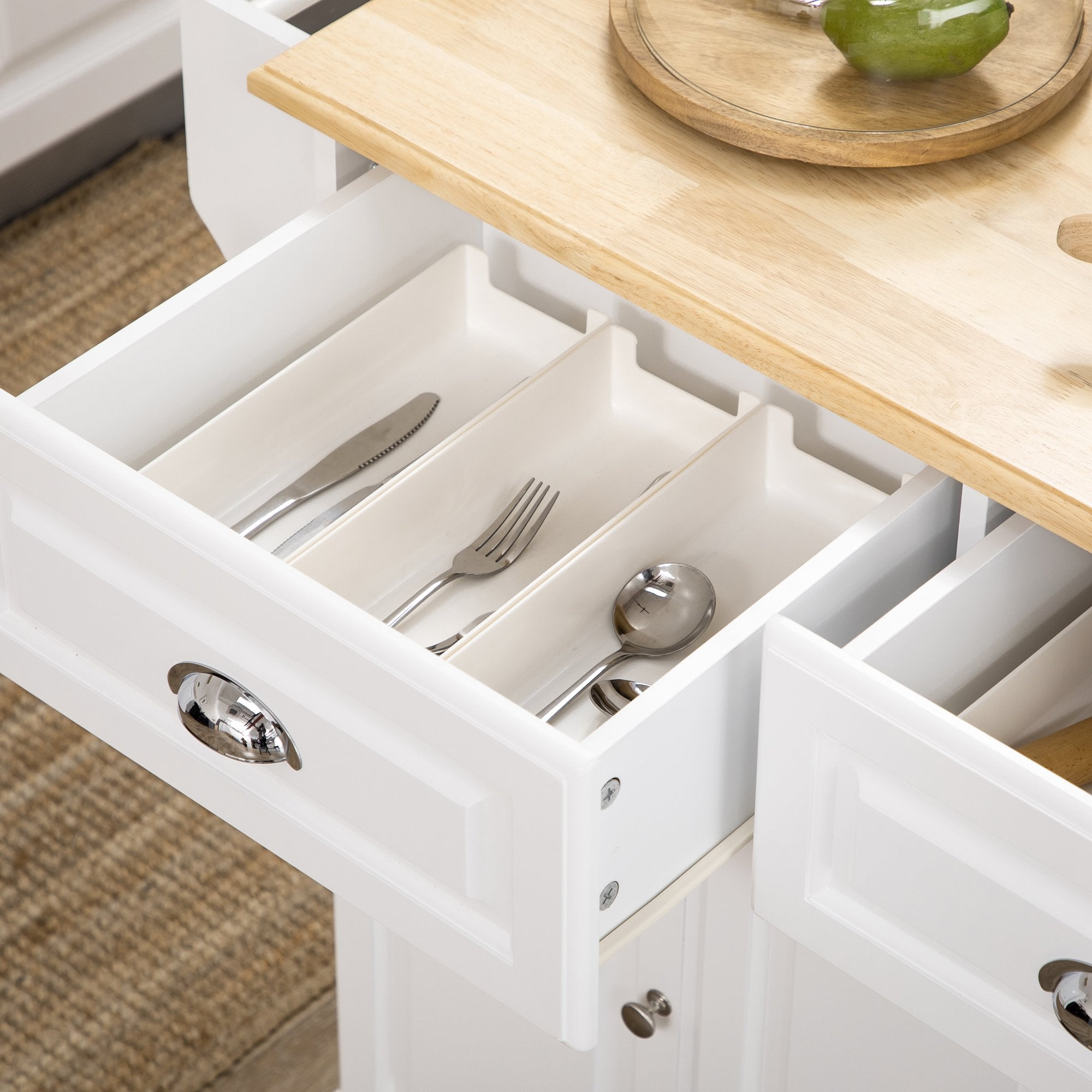 Carrinho de Cozinha Ilha com Rodas – 110x45x89 cm – Branco e Madeira – MDF e madeira de borracha