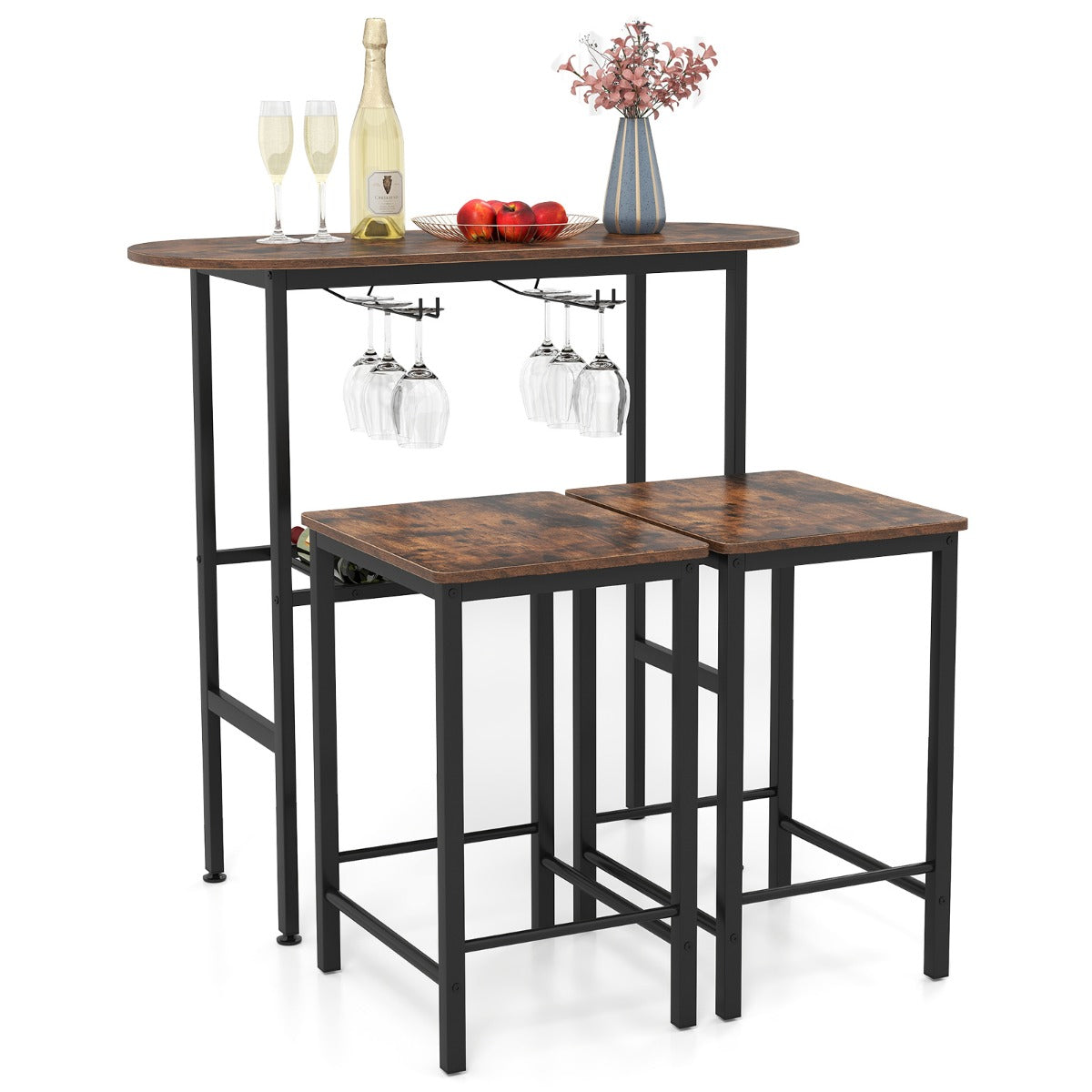 Conjunto de Mesa de Bar e 2 Bancos de Bar, Estante Aberta para Vinhos 2 Suportes para Copos para Sala de Estar Cozinha Castanho e Preto