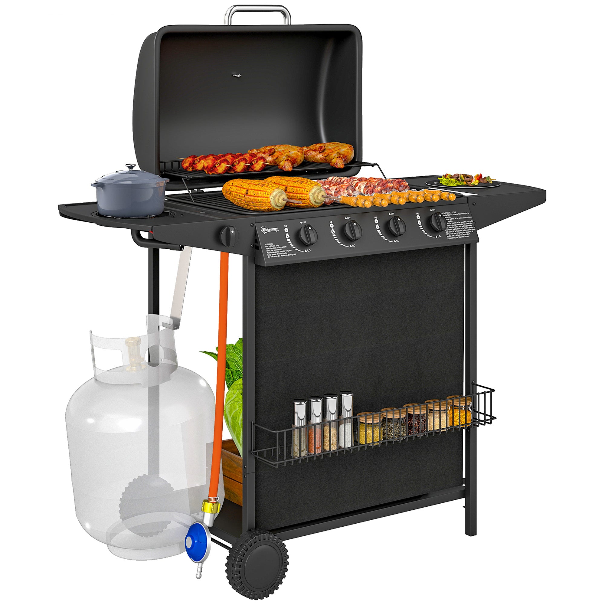 Barbecue a Gás com Queimador Lateral 12 kW - Preto 121x54x97 cm