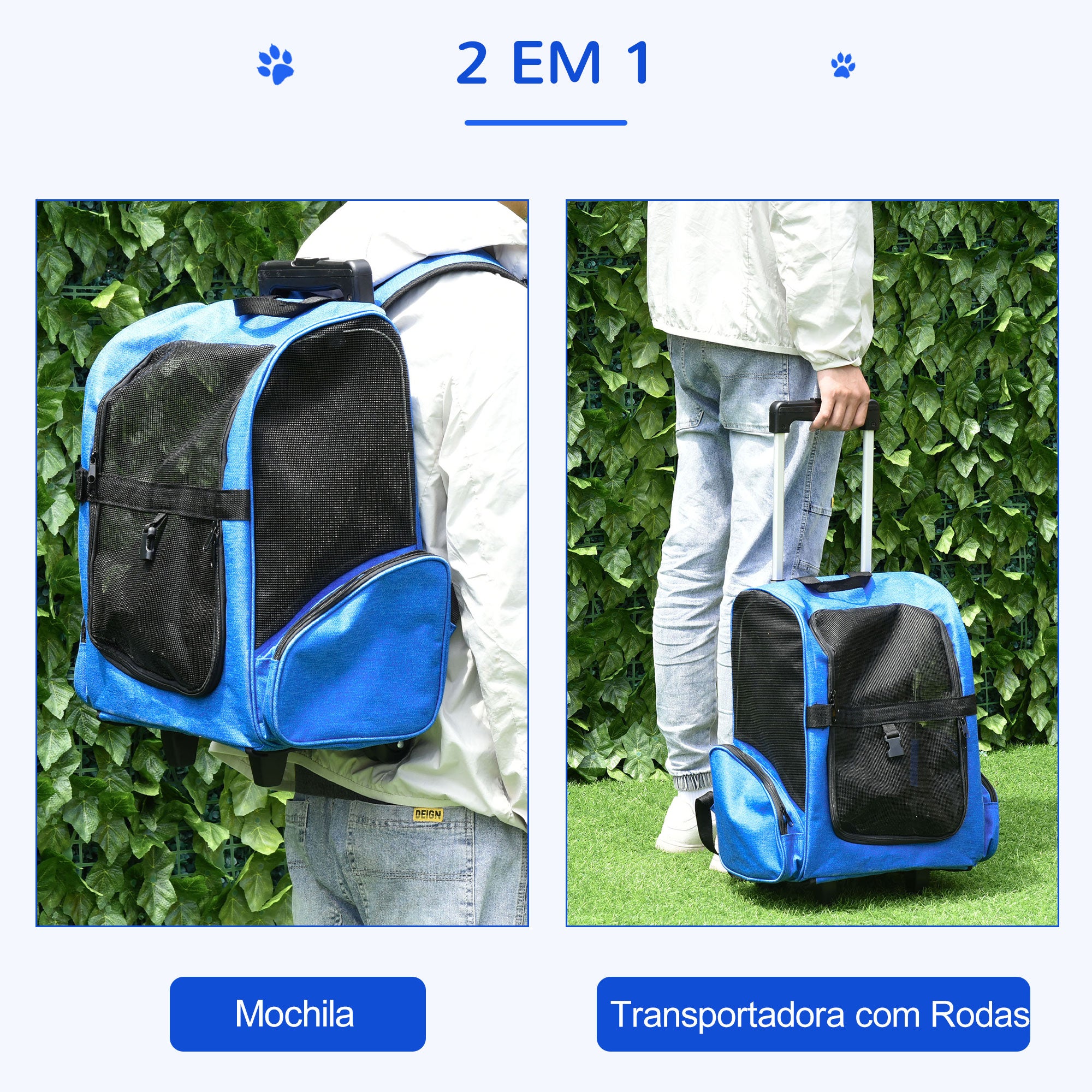 Transportadora 2 em 1 para Animais de Estimação - 42x25x55cm Azul