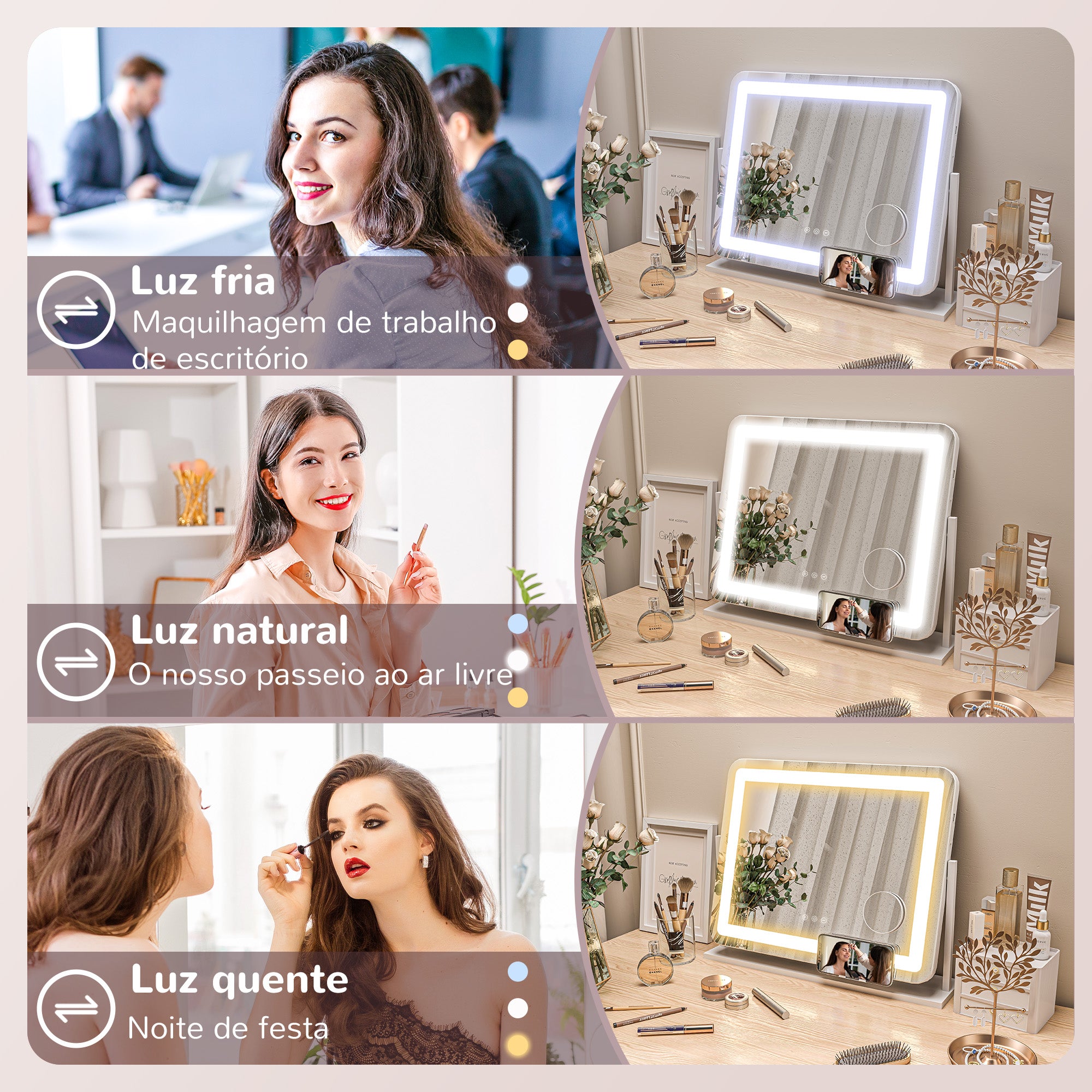 Espelho de Maquilhagem LED Giratório 58x46 cm - Branco