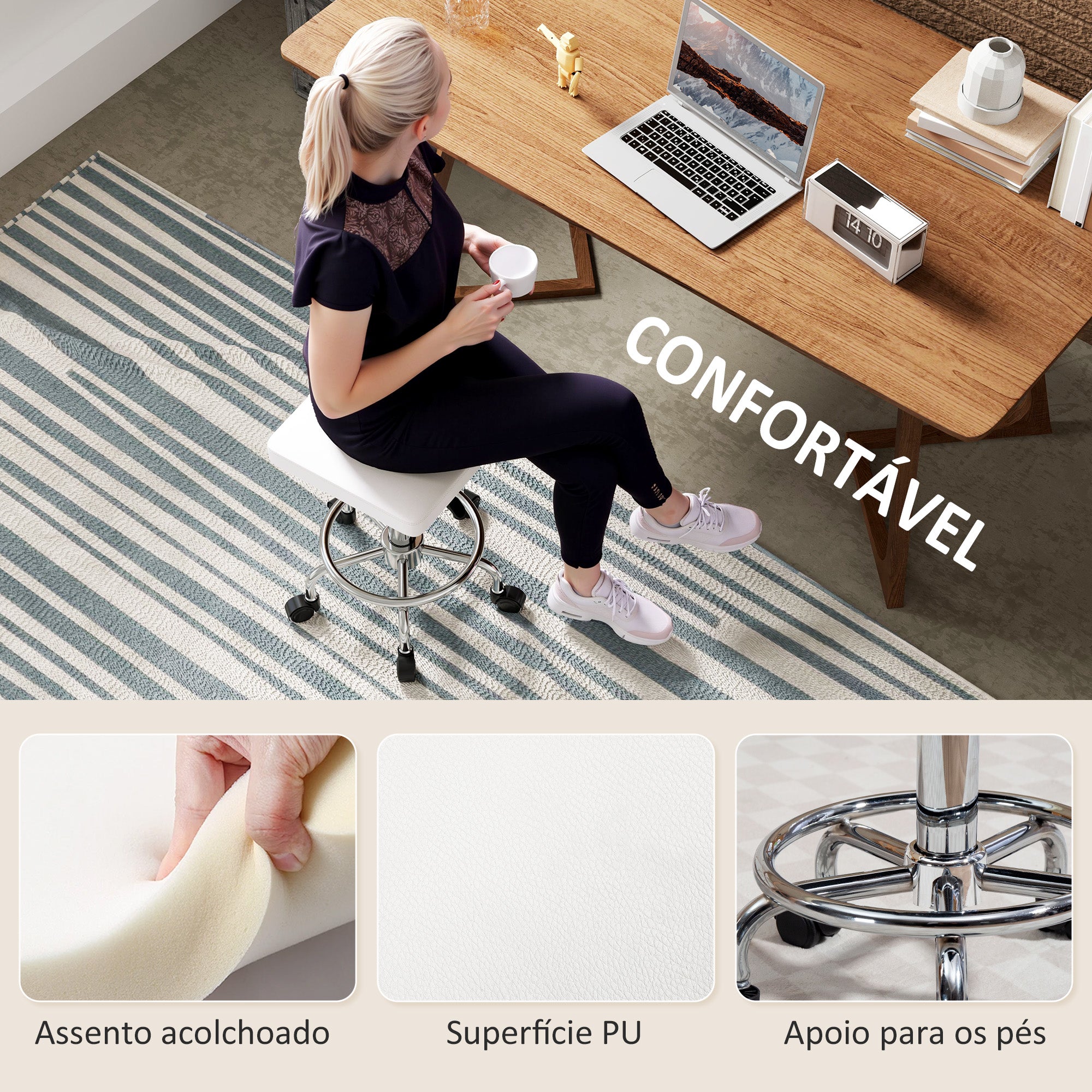 Banco Giratório com Rodas Branco 34x34x50-66 cm