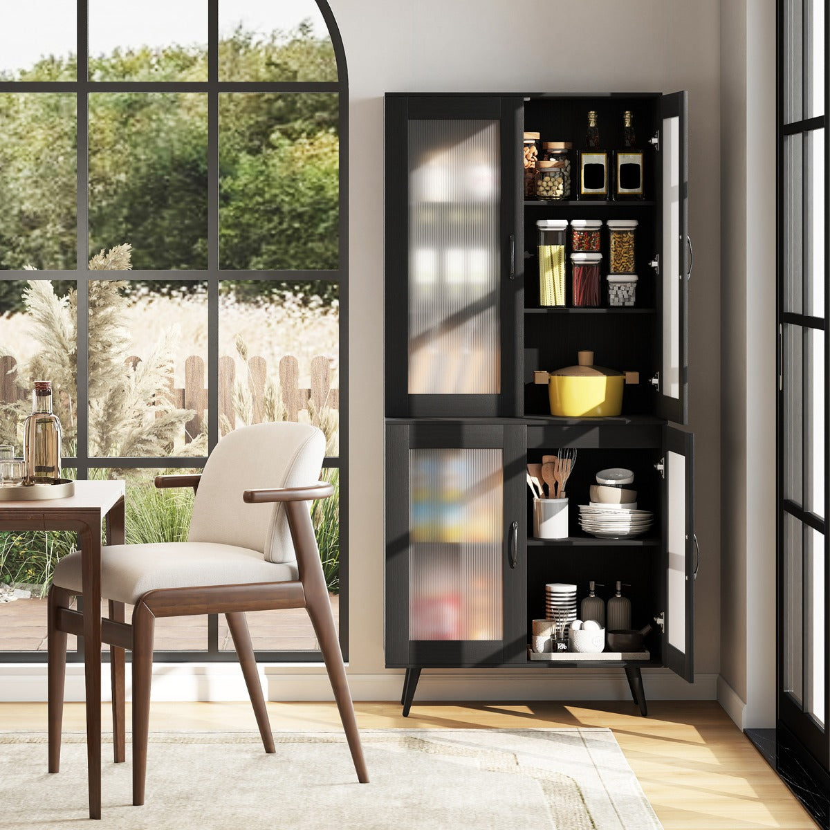 Armário de Despensa de Cozinha com 4 Portas Estante Ajustável com Pernas Metálicas para Sala de Jantar 80 x 40 x 178,5 cm Preto