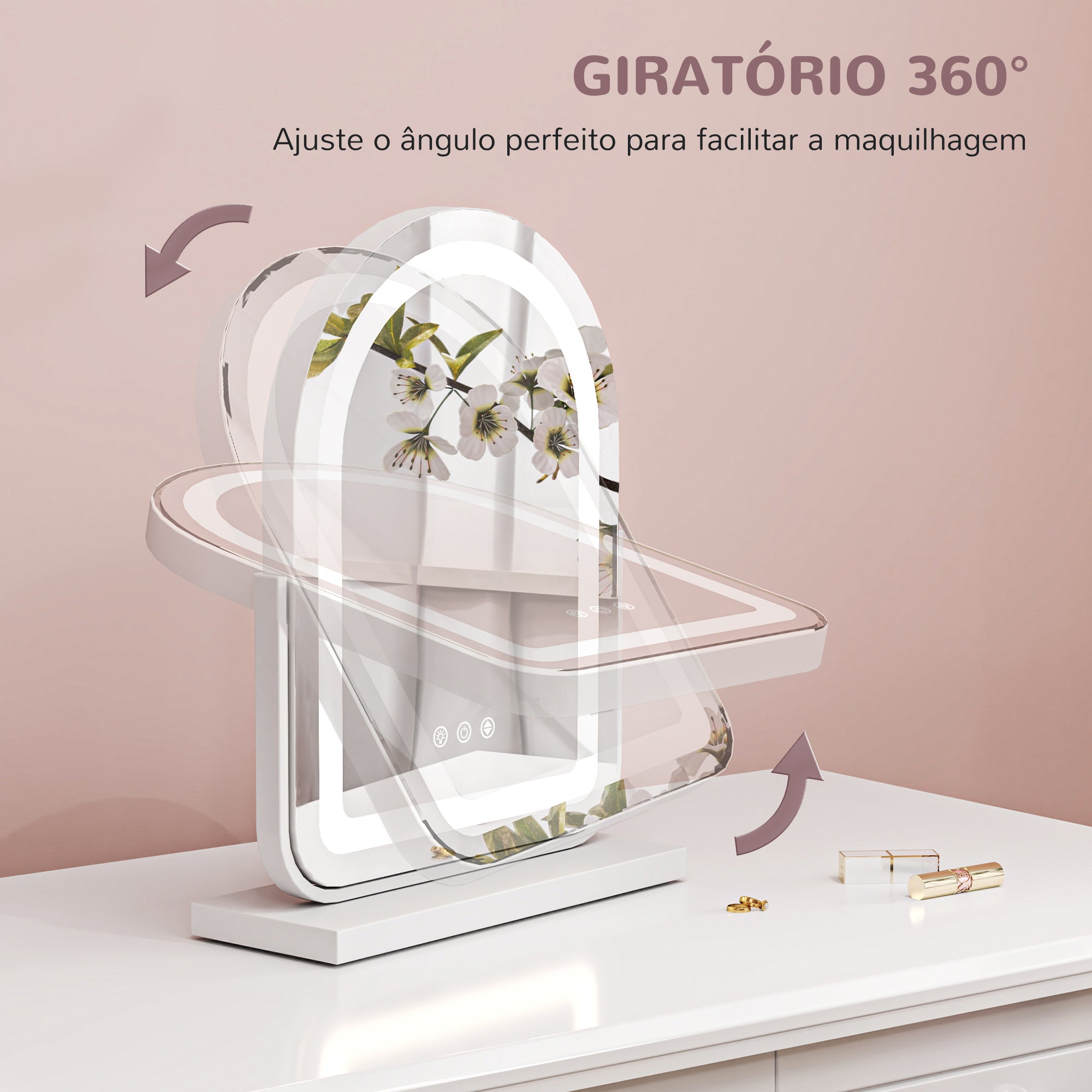 Espelho de Maquilhagem LED Giratório 360° – 33x44,5x12 cm – Branco – Vidro e metal