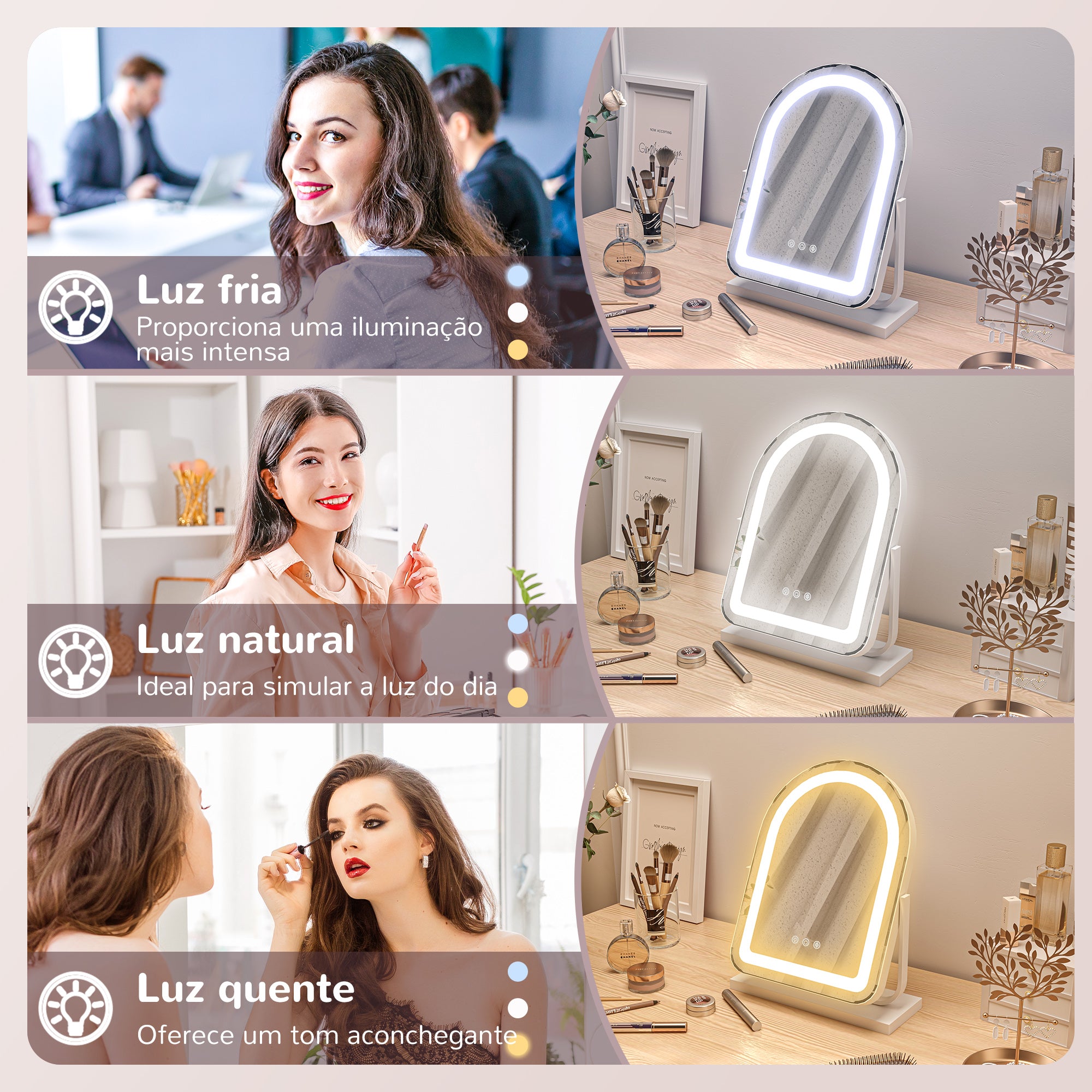 Espelho de Maquilhagem LED Giratório 360° – 33x44,5x12 cm – Branco – Vidro e metal