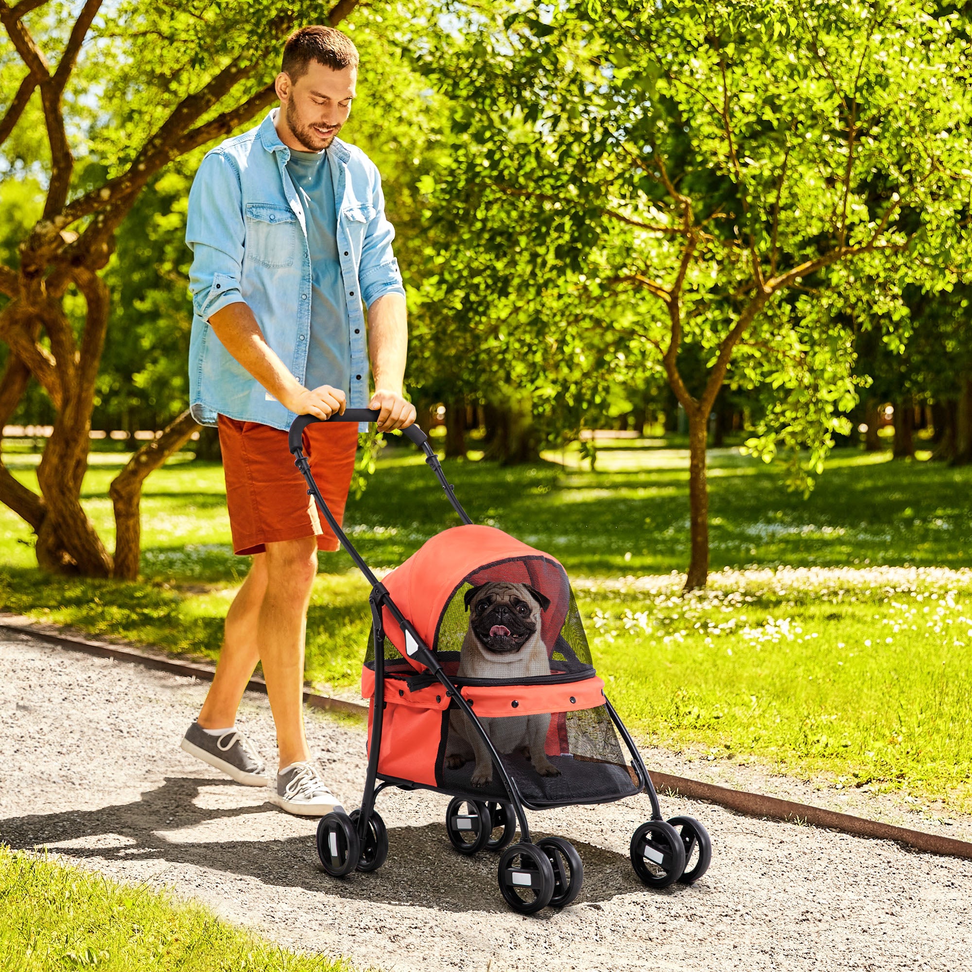 Carrinho para Animais de Estimação Dobrável – 82x47x97cm – Vermelho – Tecido Oxford 600D e Aço