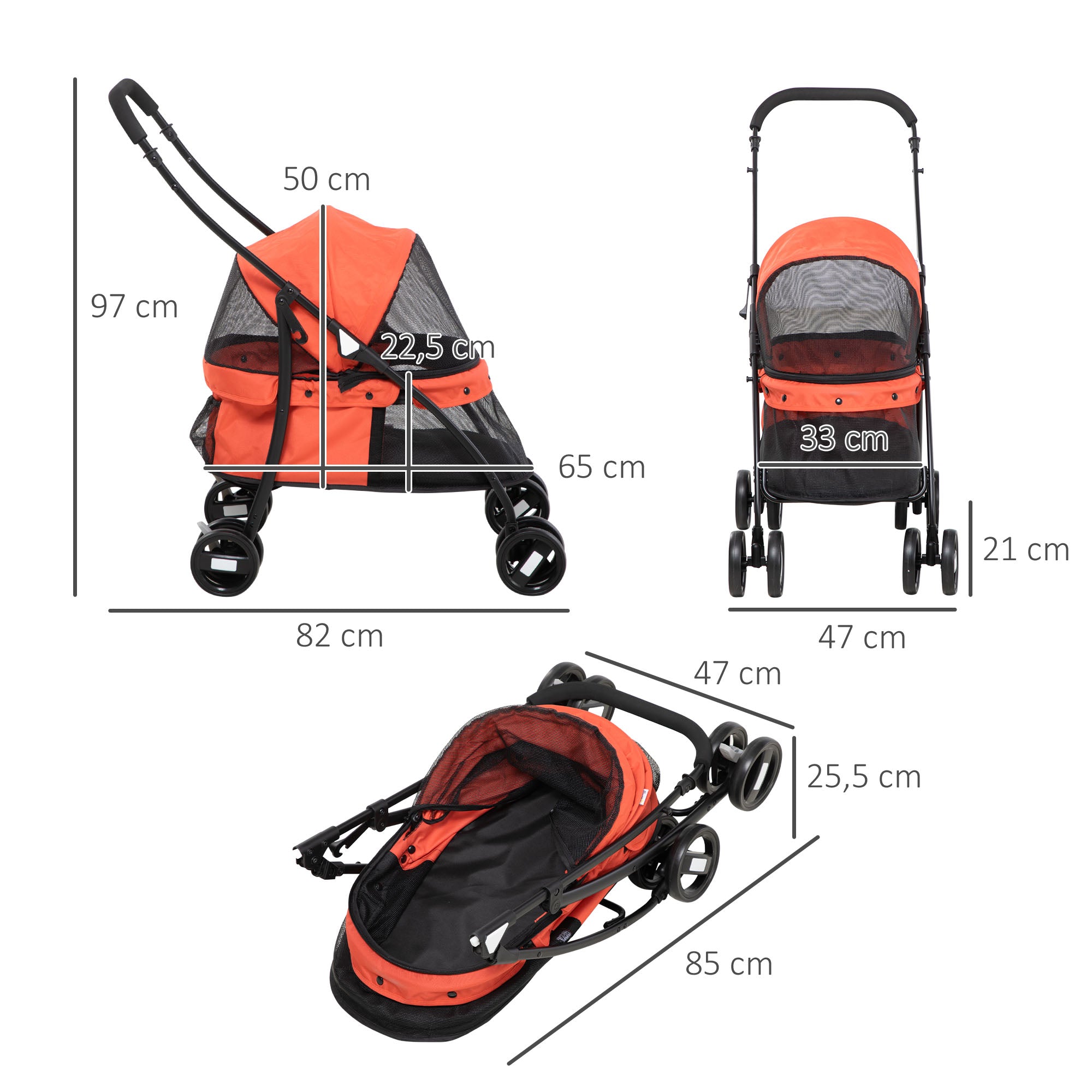 Carrinho para Animais de Estimação Dobrável – 82x47x97cm – Vermelho – Tecido Oxford 600D e Aço